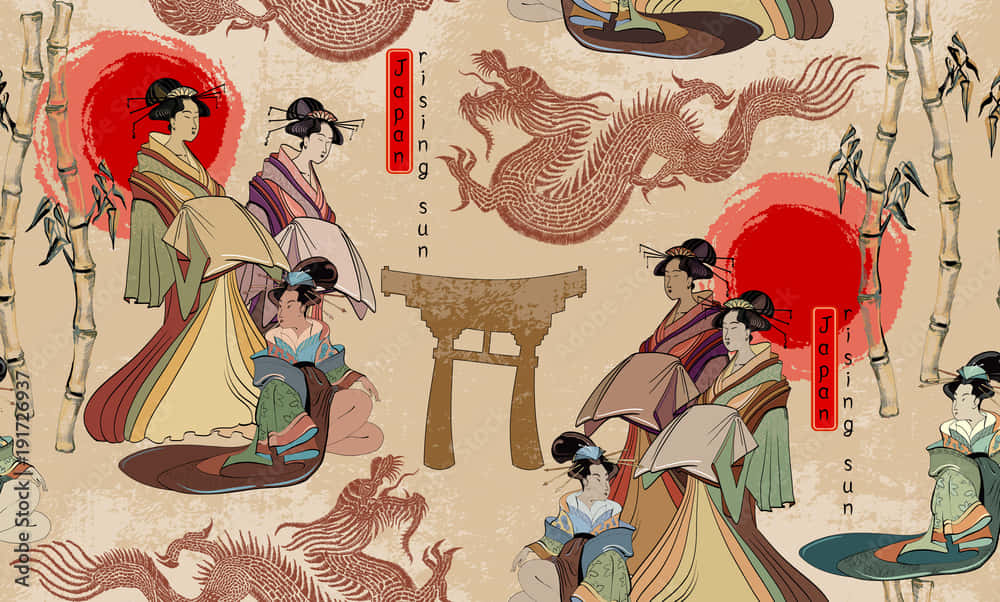 傳統日本藝術風格中，鳥居附近有龍和竹子的穿著和服的藝妓。