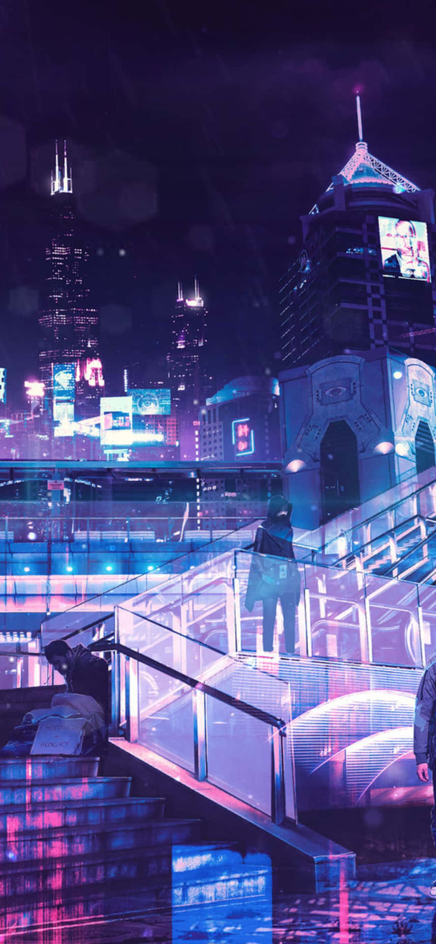 夜晚在霓虹燈照亮的未來城市玻璃橋上行走的人。