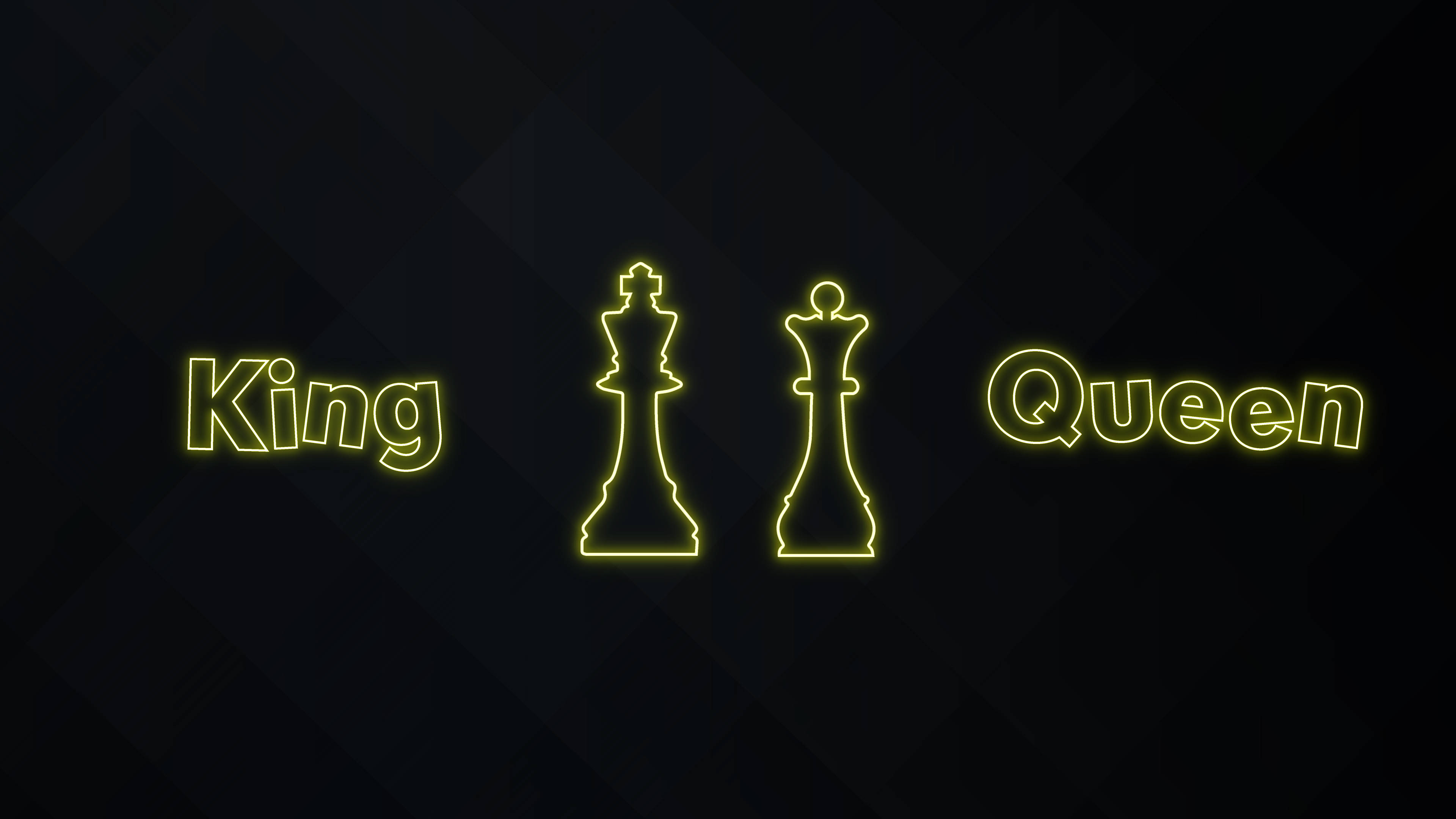 Queen 桌布 壁紙 — 螢光黃色輪廓的國際象棋國王和王后棋子，它們的名字在深色幾何背景上發光。