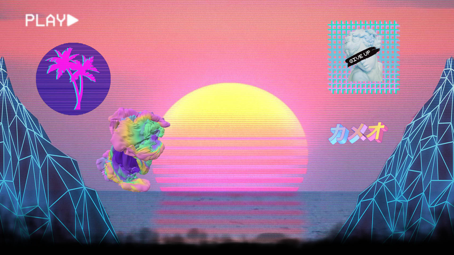 螢幕上的夕陽蒸汽波桌面 壁紙 — 一個充滿活力的復古未來主義日落，背景是粉紅色和黃色的天空，有幾何山脈、霓虹棕櫚樹和一個閃爍的雕像。