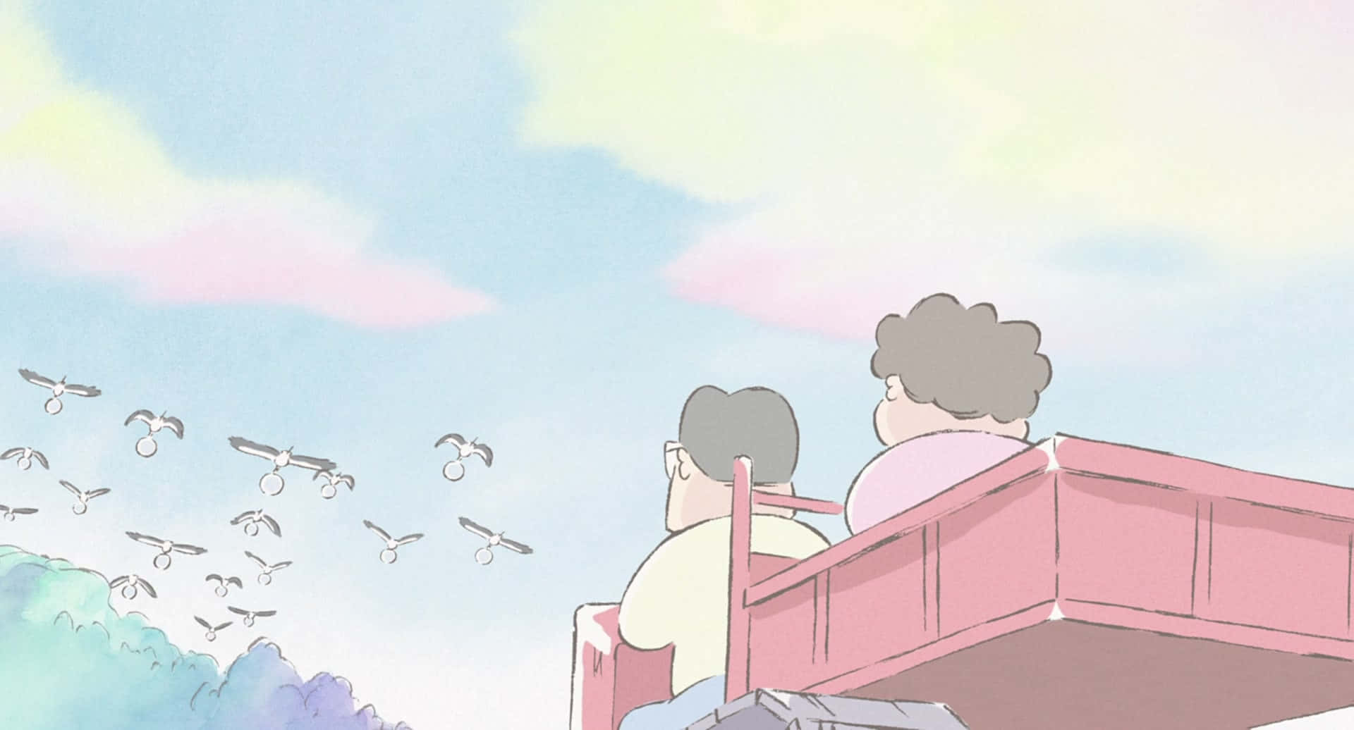 《螢火蟲之墓》中的山田一家 壁紙 — 兩個人坐在粉紅色卡車的後方，觀看鳥兒在粉彩色的天空中飛翔。
