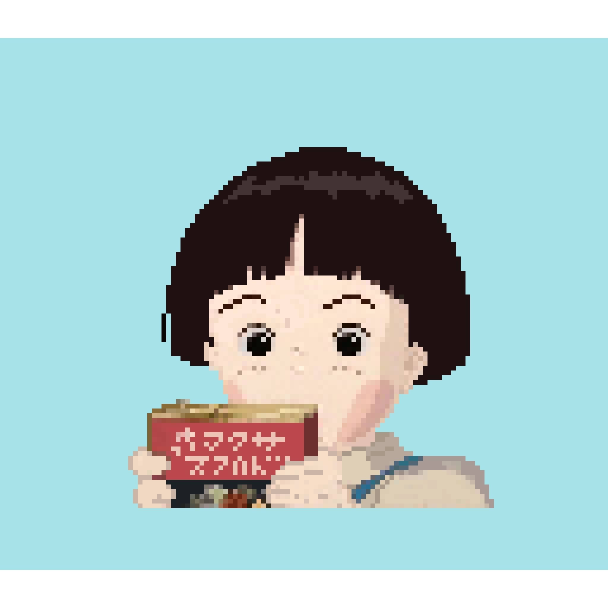 《螢火蟲之墓》像素藝術 壁紙 — 一個深色波波頭髮的像素藝術女孩，在淺藍色背景上拿著一個紅色零食盒。