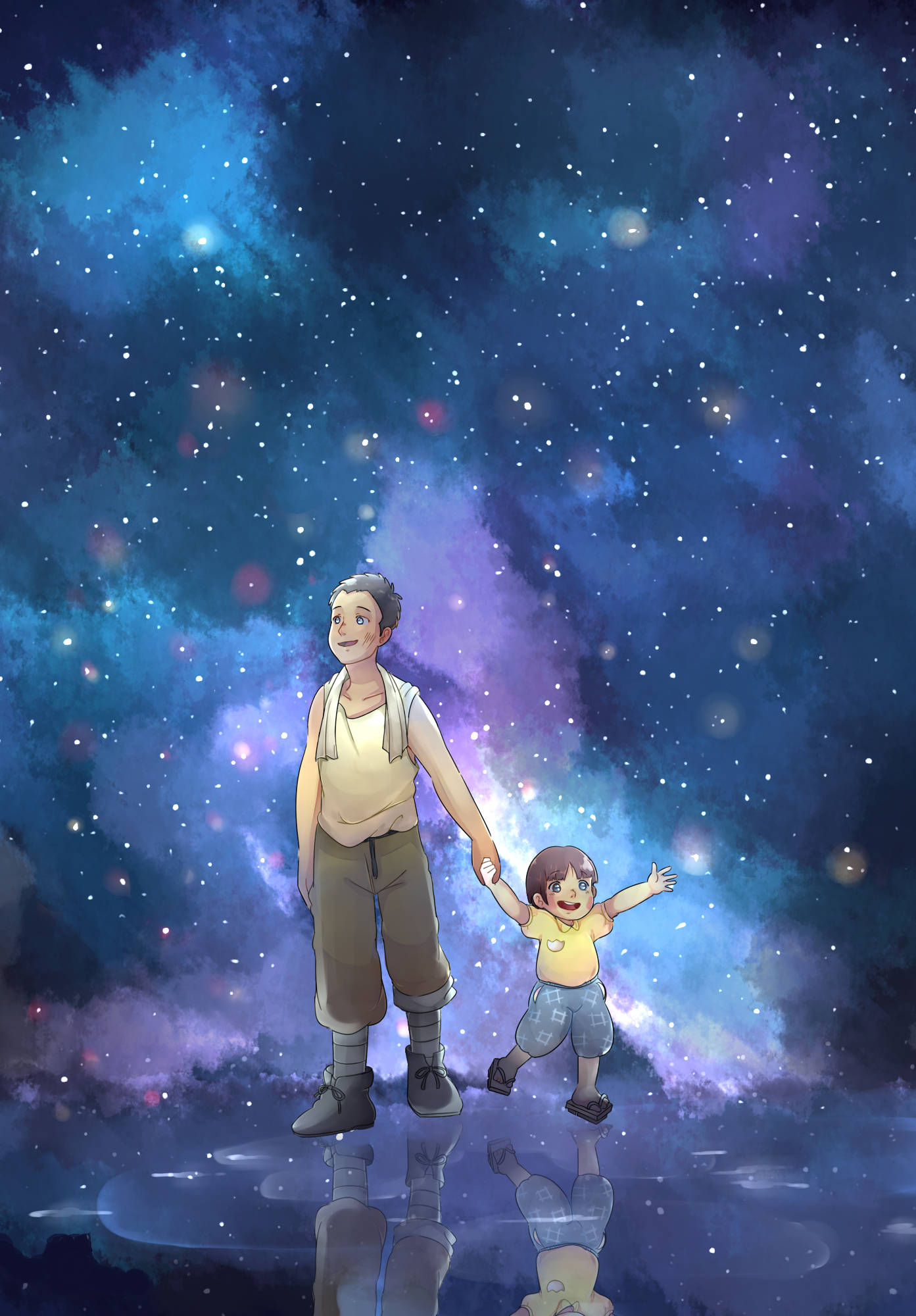 《螢火蟲之墓》兄妹情與生存記憶 壁紙 — 一位父親和一個孩子在充滿星星和星雲的充滿活力的宇宙天空下牽手，他們的倒影在下方閃爍。