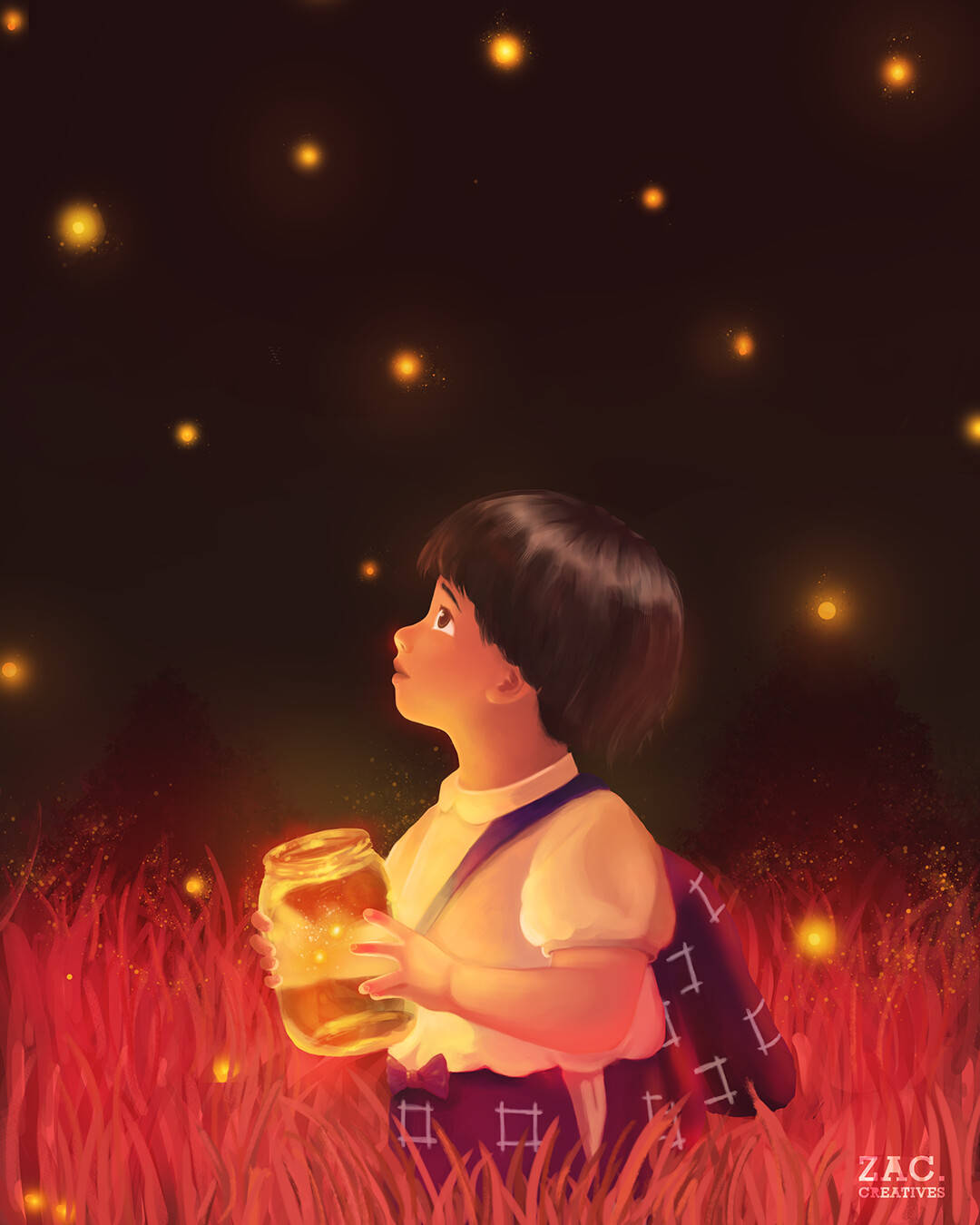 《螢火蟲之墓》可愛節子 壁紙 — 一個孩子在發光的紅色草地上仰望，手持一個裝滿漂浮螢火蟲的罐子，背景是黑暗的天空。
