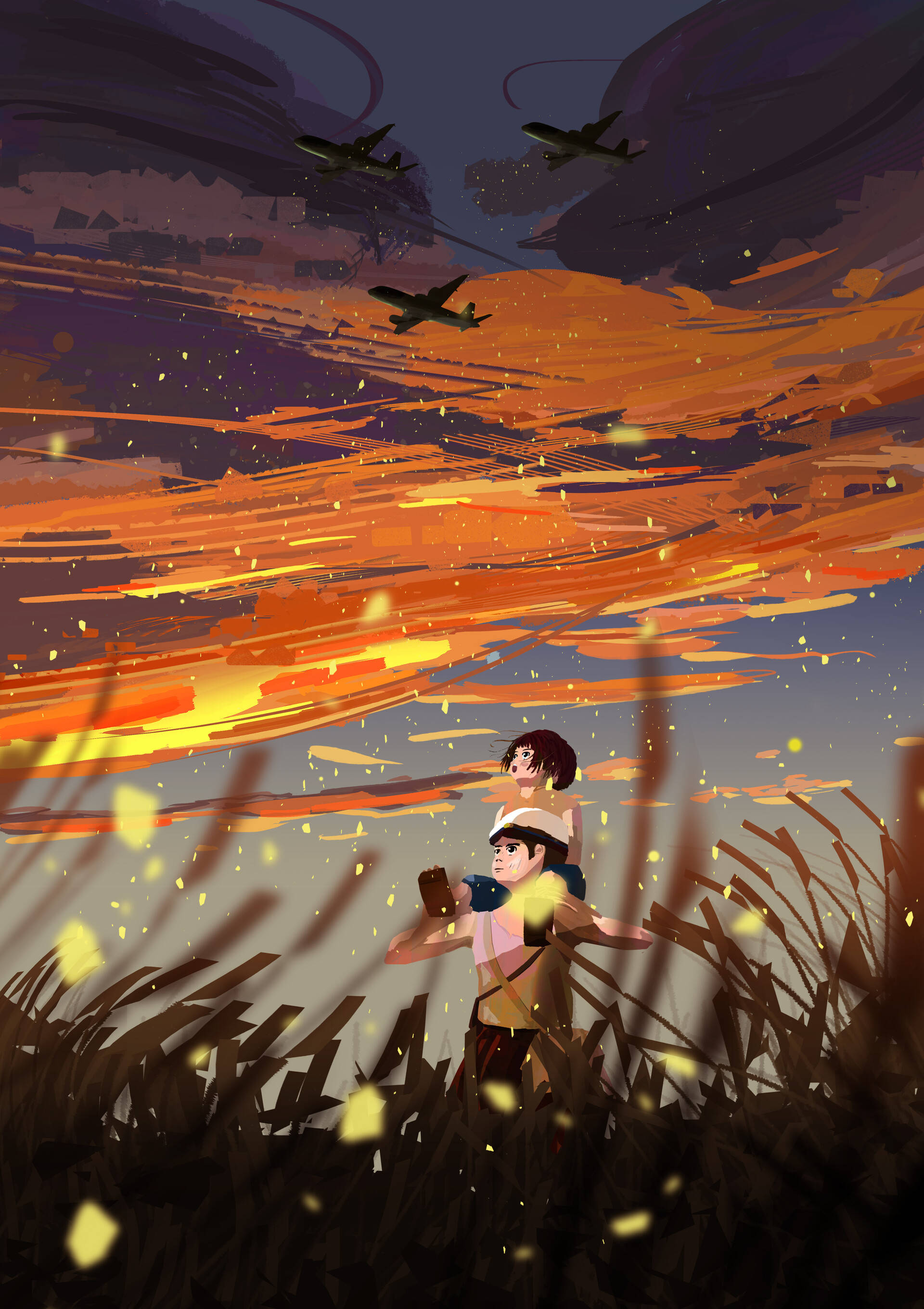 《螢火蟲之墓》夕陽飛機 壁紙 — 兩個動漫角色站在高高的草叢中，背景是火紅的夕陽天空，三架飛機飛過頭頂，留下發光的軌跡。