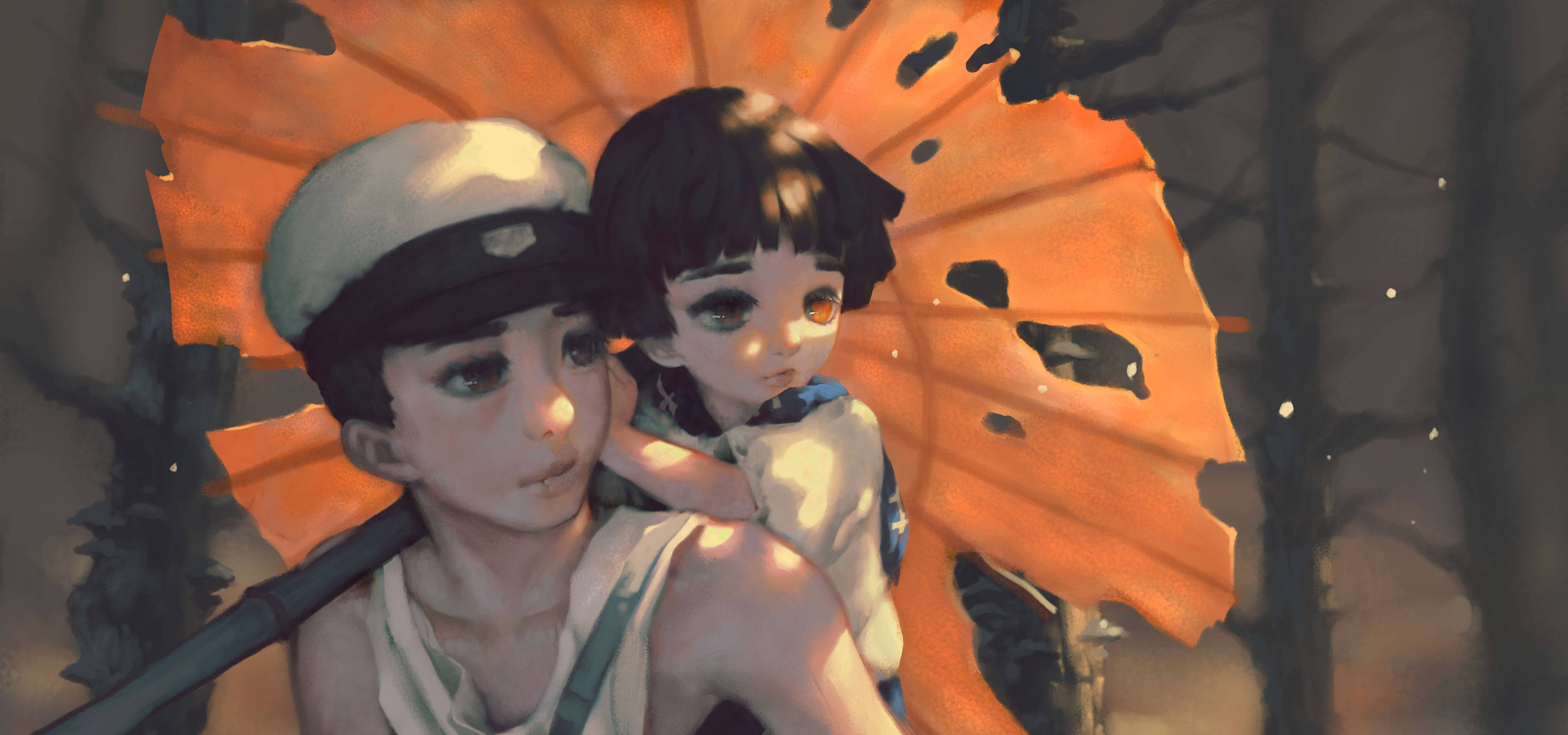 《螢火蟲之墓》寫實風格 壁紙 — 一個溫柔的動畫風格場景，兩個孩子在昏暗的森林樹冠下共用一把破舊的橙色雨傘。