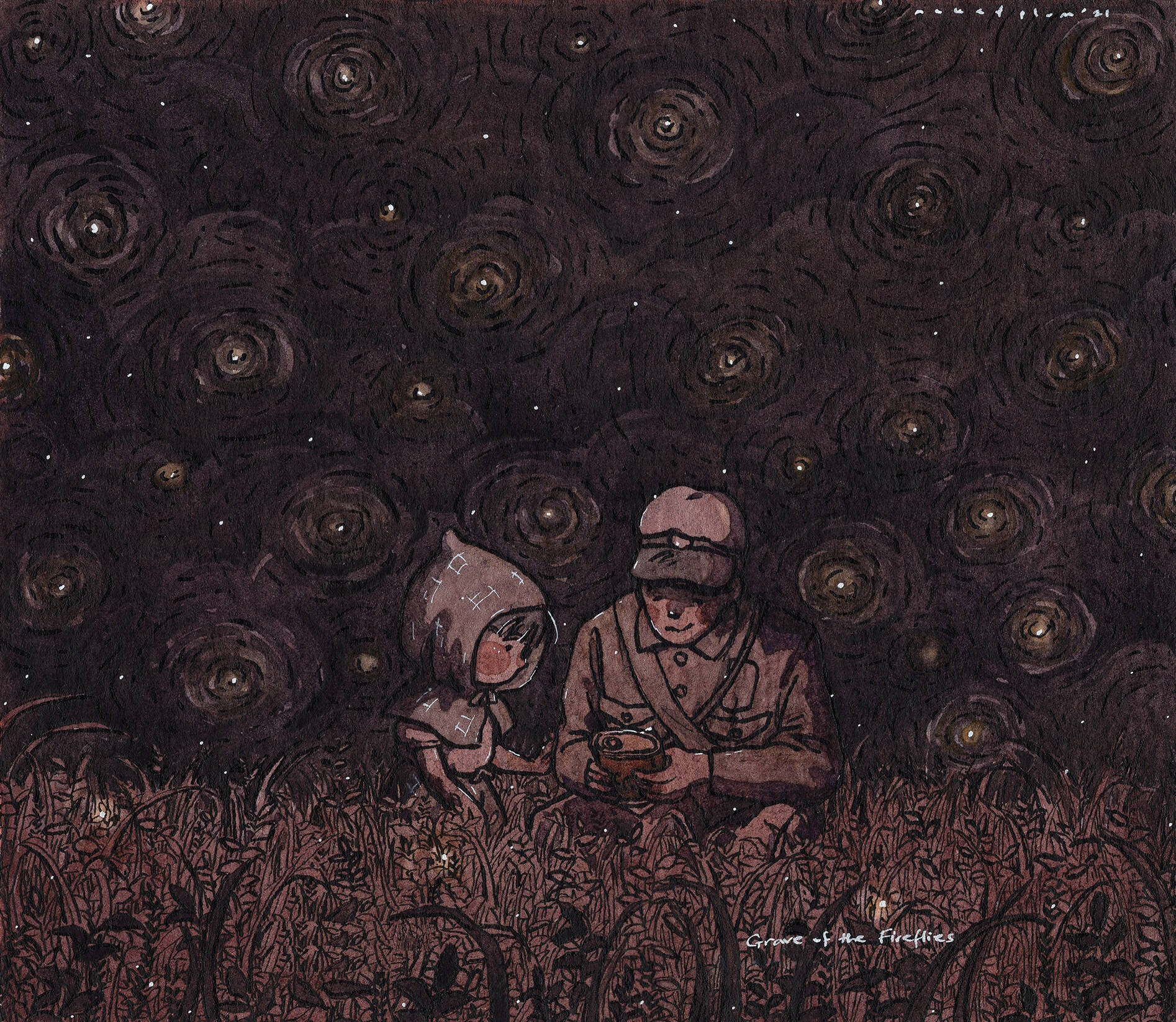 《螢火蟲之墓》抽象藝術 壁紙 — 兩個孩子坐在高高的草地上，頭頂是佈滿螢火蟲的漩渦夜空。