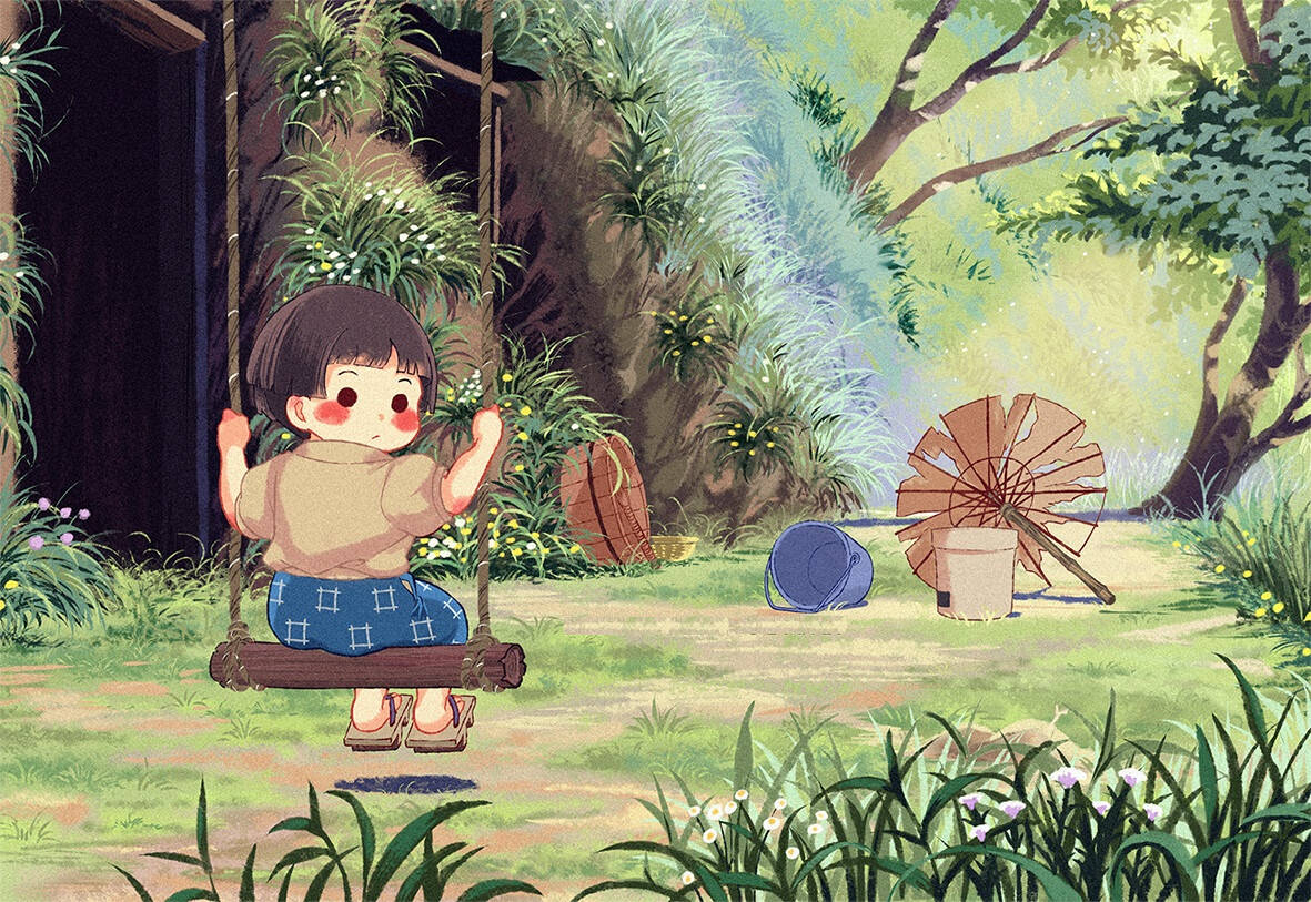 《螢火蟲之墓》節子秋千 壁紙 — 一個可愛的動漫風格小孩，臉頰紅潤，在斑駁的陽光下在鬱鬱蔥蔥的綠色花園中輕輕盪鞦韆。