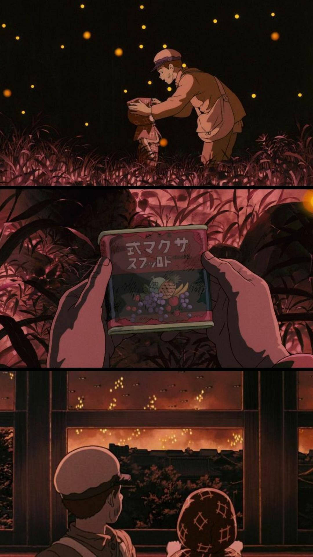 《螢火蟲之墓》紅色主題拼貼 壁紙 — 一個男孩和一個女孩在夜晚的田野裡看著螢火蟲發光，同時在窗下拿著一個零食盒。