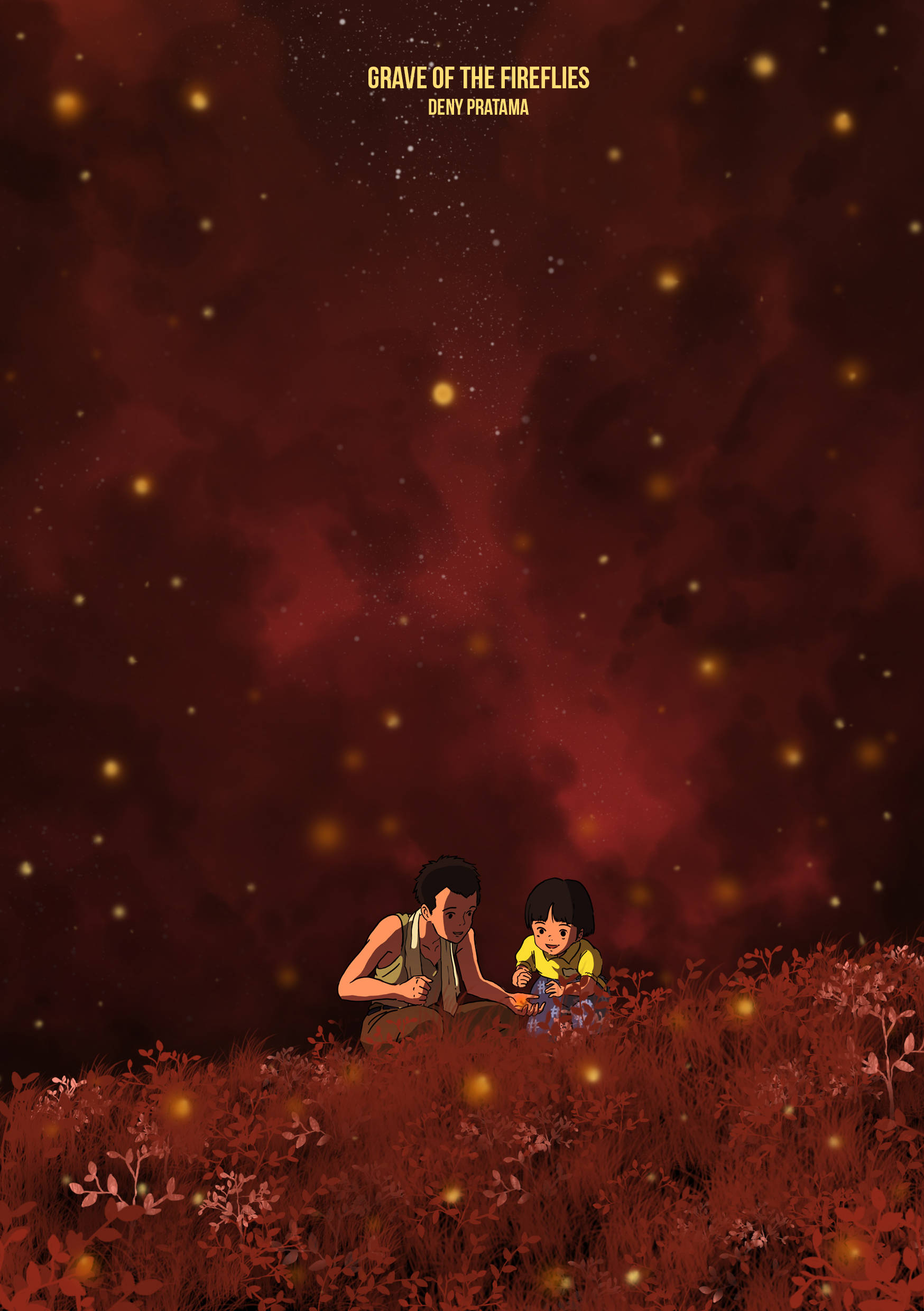 《螢火蟲之墓》紅雲背景 壁紙 — 兩個孩子一起坐在一片發光的螢火蟲田野中，在深紅色的星空下。