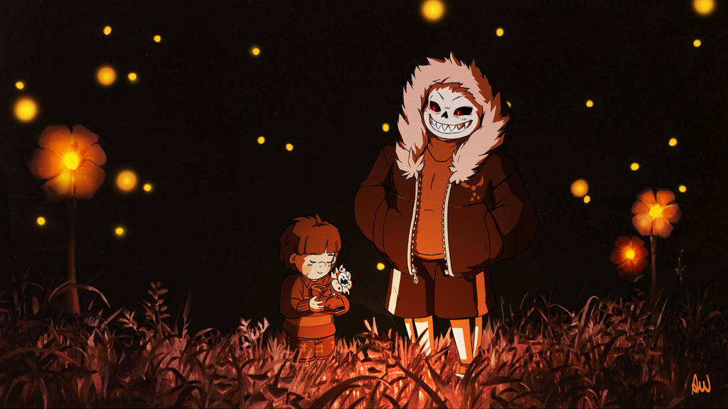 《螢火蟲之墓》與《Undertale》跨界 壁紙 — 一個高大的戴面具人物和一個小孩一起站在黑暗的田野中，周圍有發光的螢火蟲和溫暖的燈籠。