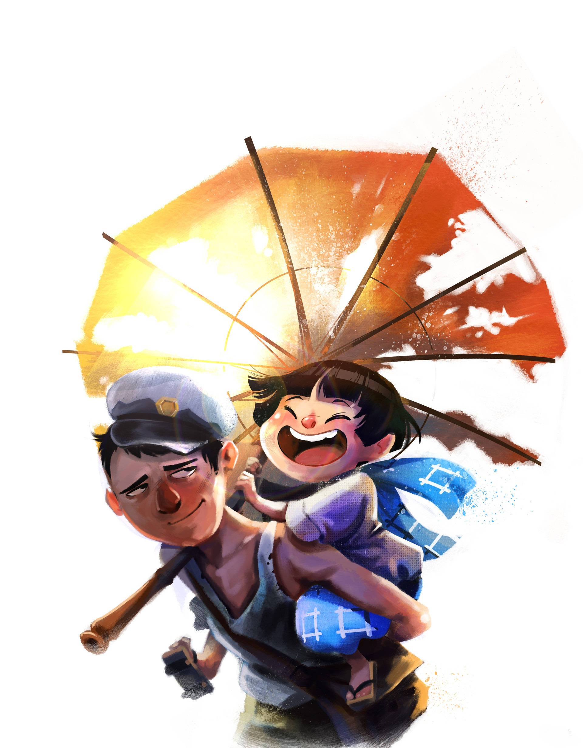 《螢火蟲之墓》雨傘場景 壁紙 — 一個快樂的孩子在一個拿著發光橙色雨傘的男人背上騎著，背景是明亮的白色。