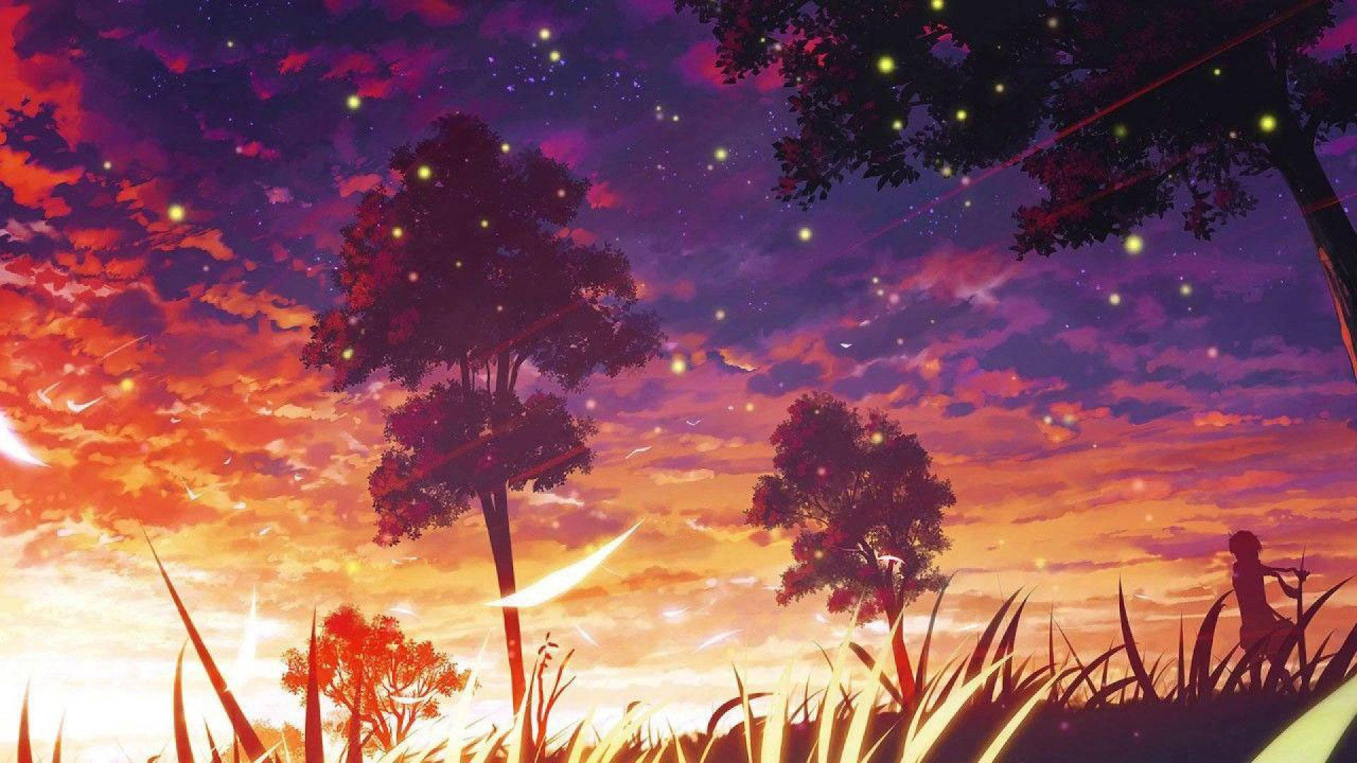 一個人站在草叢中，上方是帶有螢火蟲和彩色雲朵的暮色天空。