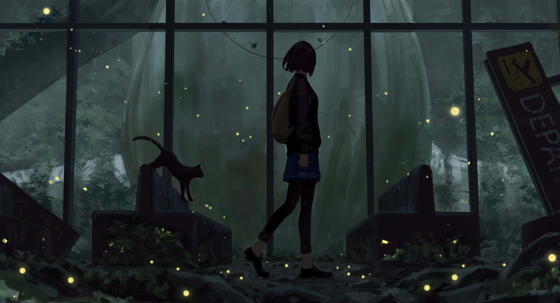 女孩和貓在廢棄車站，夜晚有發光螢火蟲