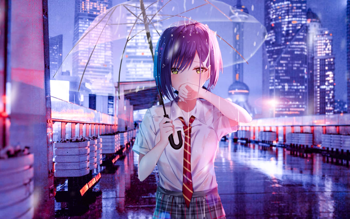 螢與零二前景，背景為Verraxan與FRANXX 壁紙 — 一個紫髮動漫女孩穿著校服，在未來城市橋上霓虹雨下撐傘的夜晚。