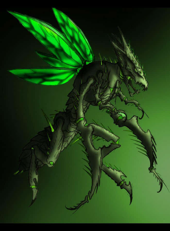 螳螂造型的斯切特繪畫 壁紙 — 一隻帶有發光翠綠翅膀和鋒利爪子的威脅性深綠色龍，蹲伏在綠色漸變背景前。