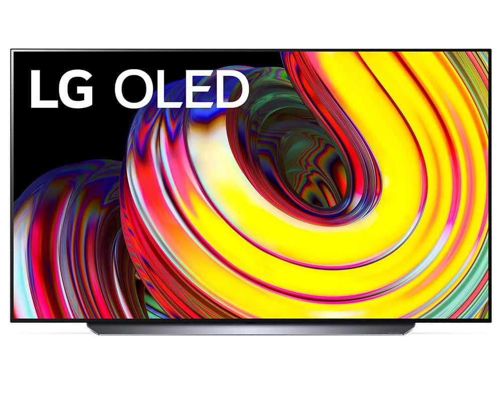 螺旋 OLED 電視圖 壁紙 — 一部時尚的LG OLED電視在黑色背景上顯示出充滿活力的旋轉抽象圖案，帶有鮮明的黃色、紅色和藍色。