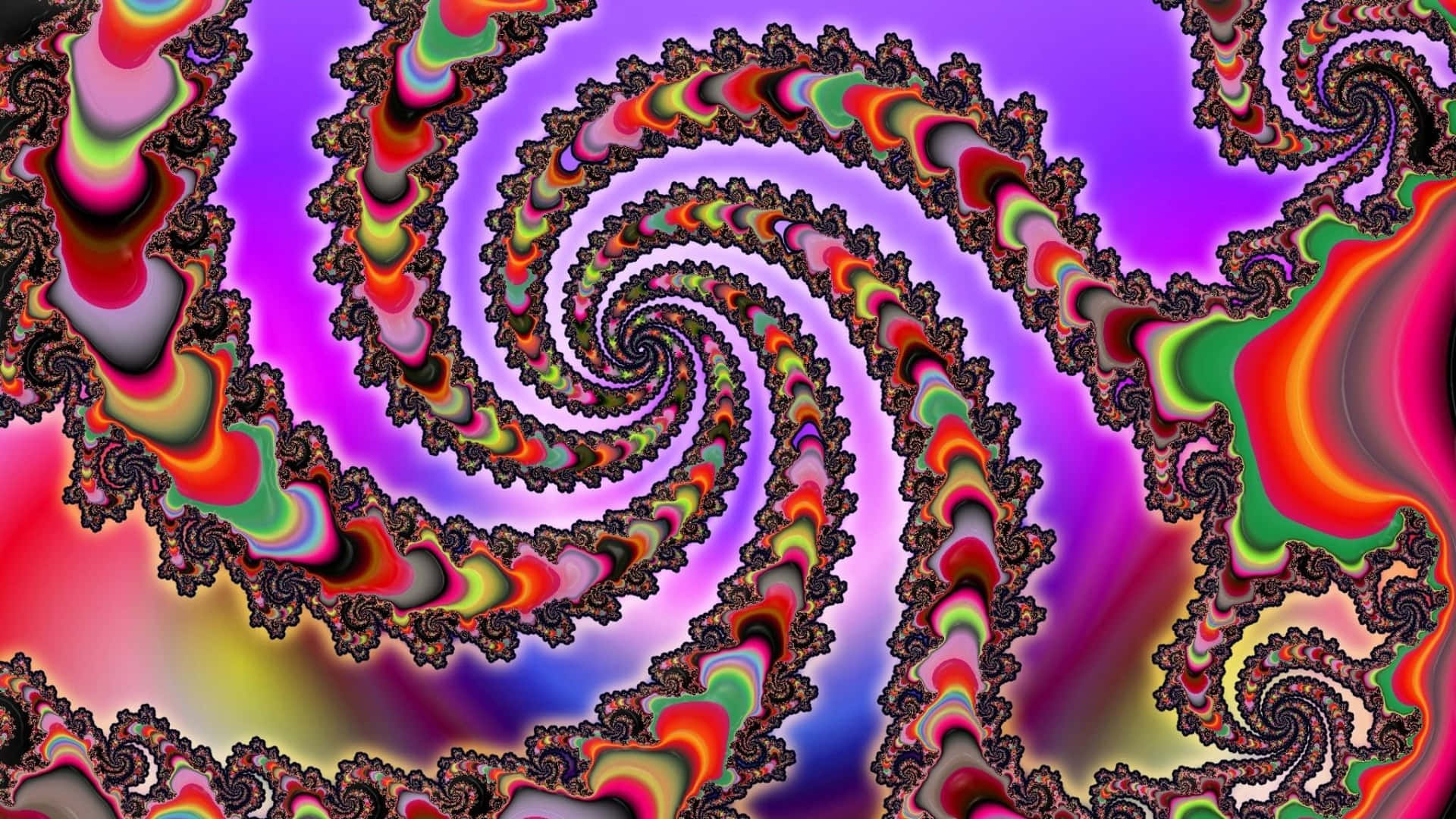 色彩繽紛的分形螺旋以催眠般的圖案向內旋轉。