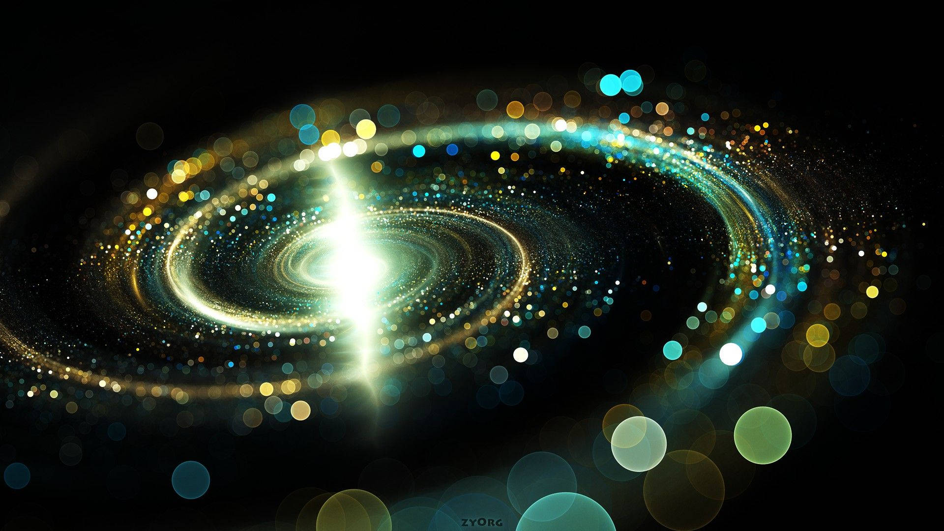 螺旋星系探索科學宇宙 壁紙 — 一個光芒四射的螺旋星系在黑暗的宇宙背景下閃耀著金色和藍綠色的光芒，背景點綴著散景星星。