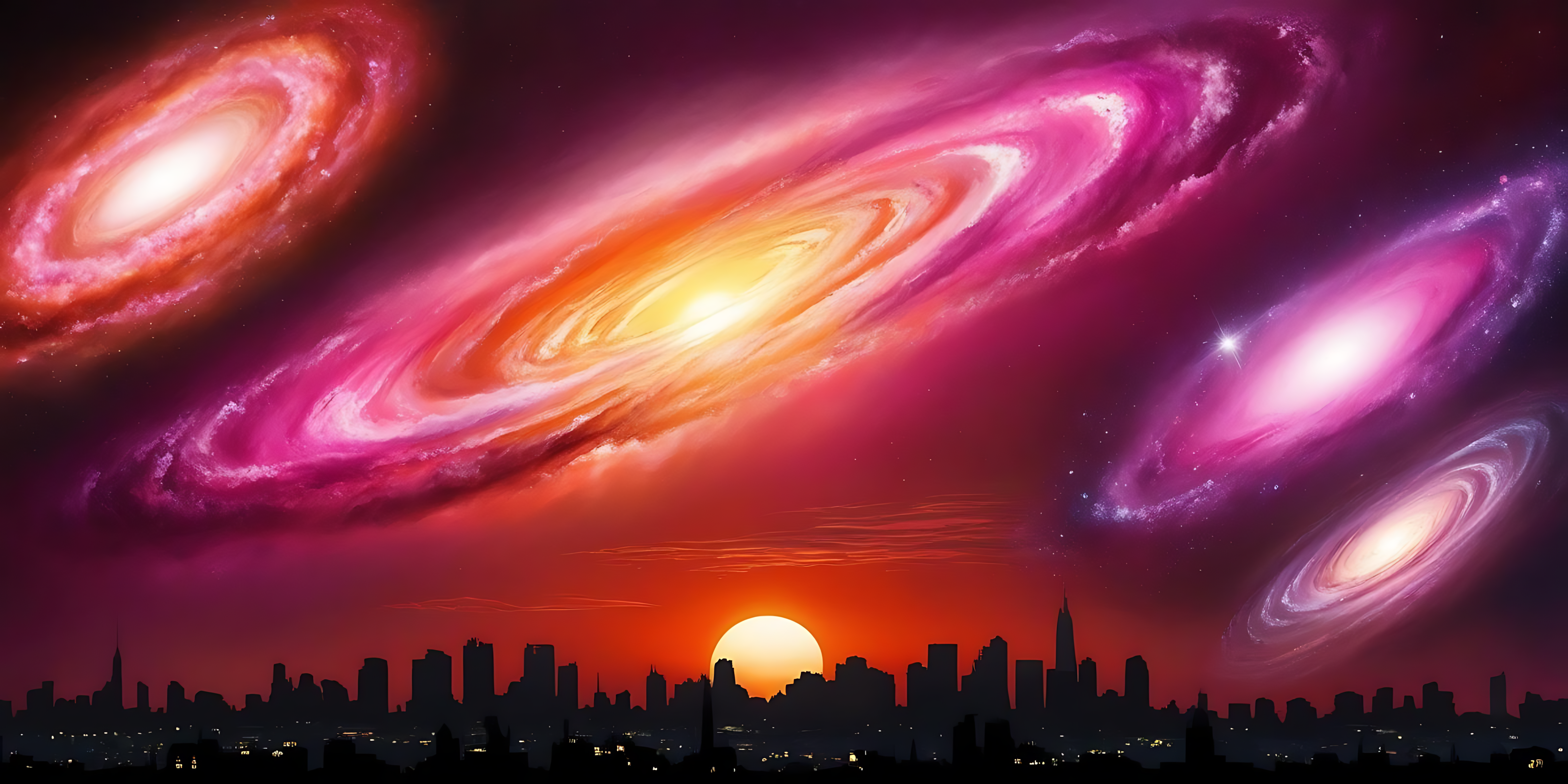 螺旋星系與繁星 壁紙 — 日落時分的城市天際線，下方是旋轉的星系，散發著洋紅色、橙色和紫色的光芒。