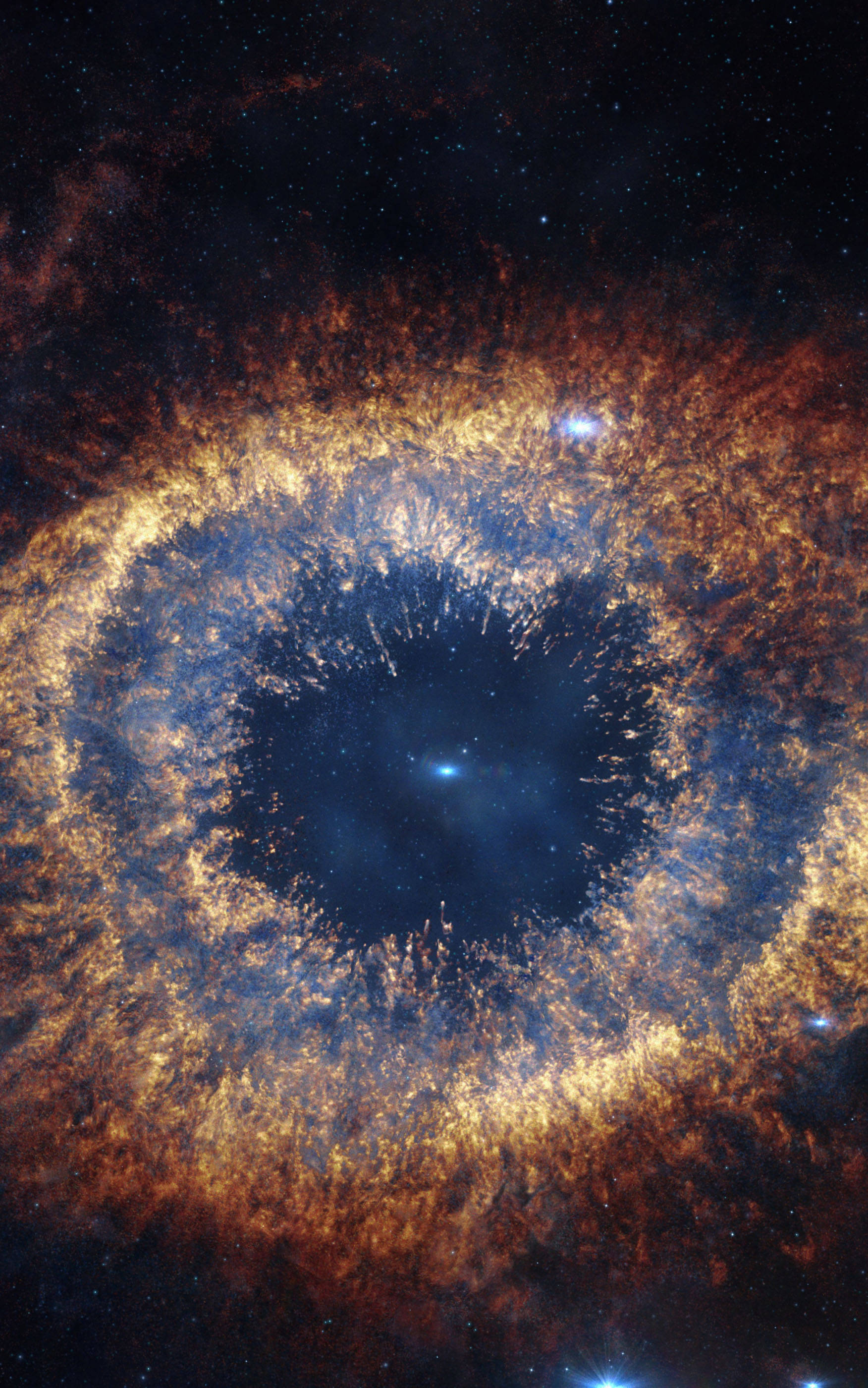 螺旋星雲太空手機壁紙 壁紙 — 在星爆星雲中，一個由發光的橙色和藍色氣體組成的宇宙之眼包圍著一個黑暗的中心空洞。