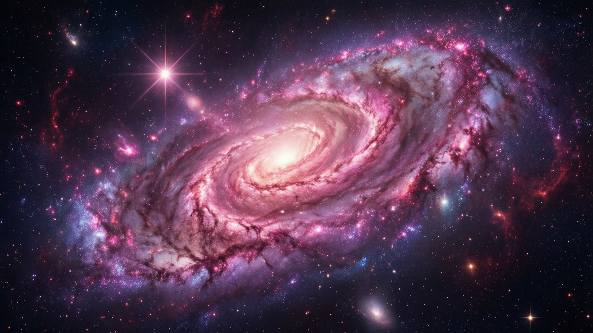 一個色彩繽紛的螺旋星系，在深空中擁有發光的旋臂和明亮的恆星。