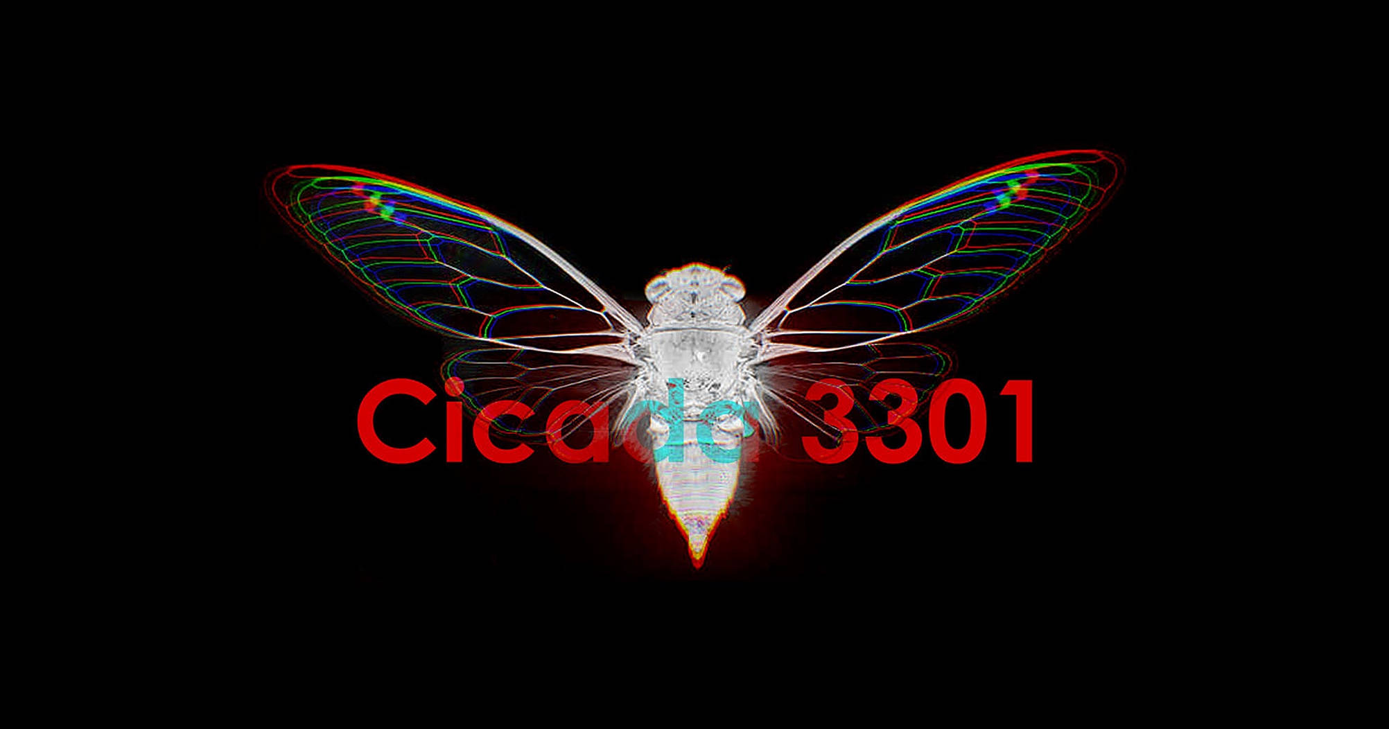 蟬 3301 故障效果 壁紙 — 一隻發光半透明的蟬，帶有彩虹色翅膀脈絡，在黑色背景上與紅色文字一同脈動。