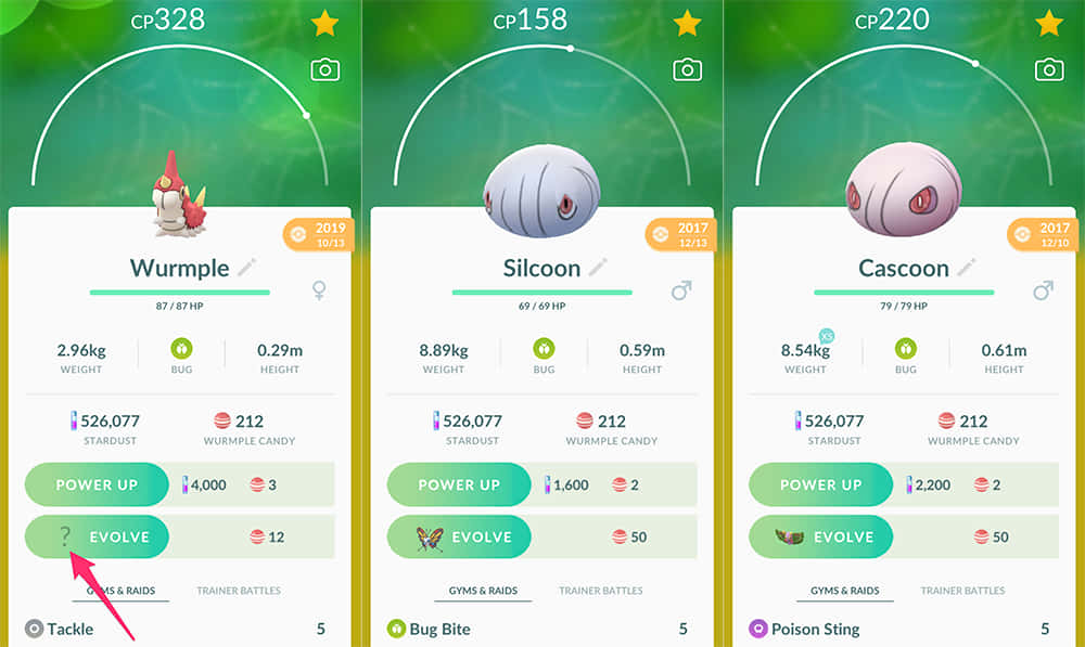 蟲寶可夢進化階段：從蟲寶可夢到西爾康與卡斯康 壁紙 — 三張 Pokémon Go 生物卡顯示了刺尾蟲、甲殼繭和盾甲繭，並突出顯示了進化按鈕。