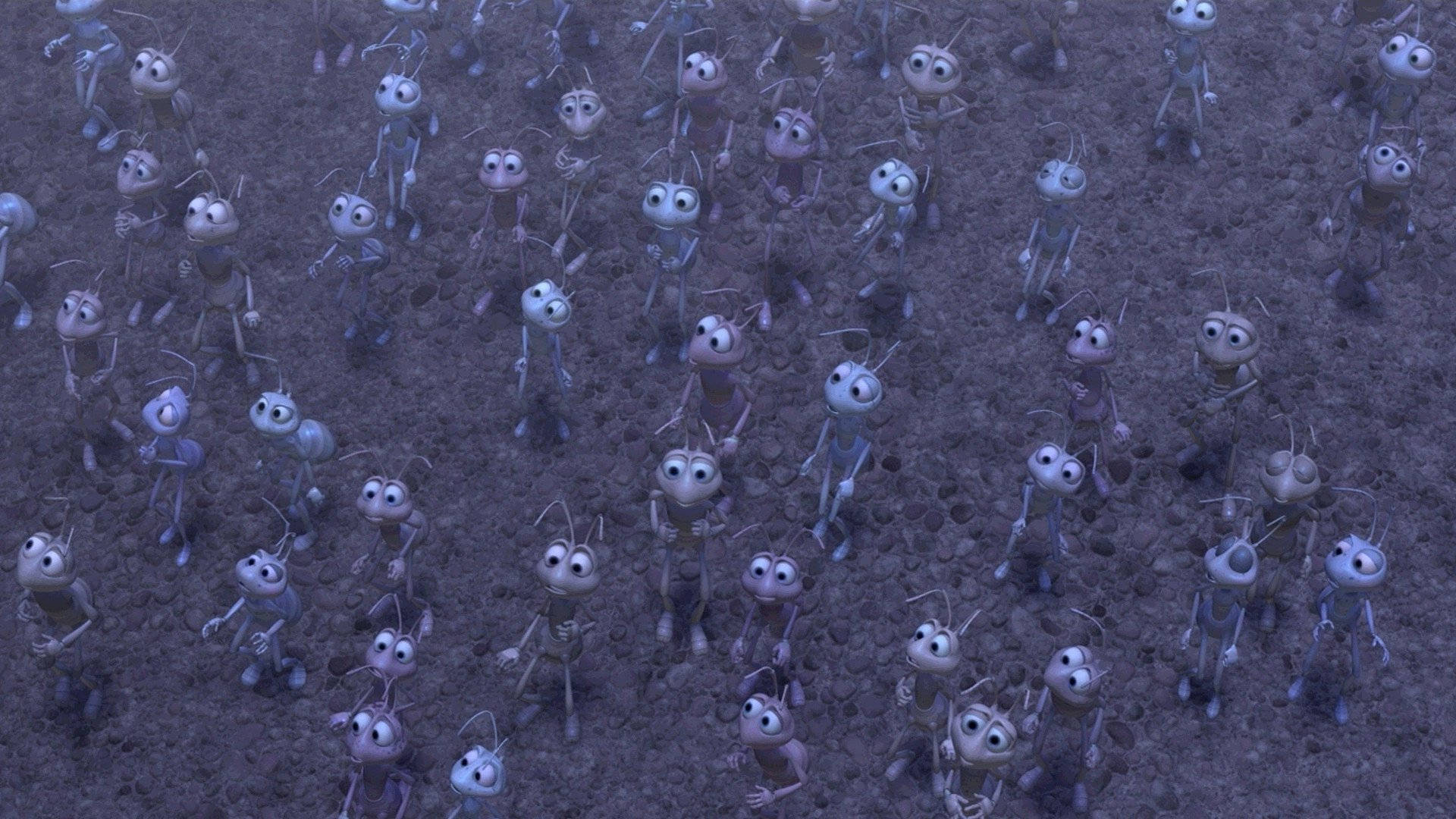 一大群卡通螞蟻在昏暗場景中的泥土上行進。