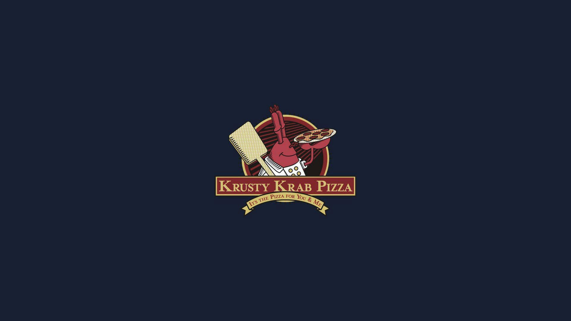 Krusty Krab Pizza 標誌，有一隻螃蟹在深色背景上拿著披薩。