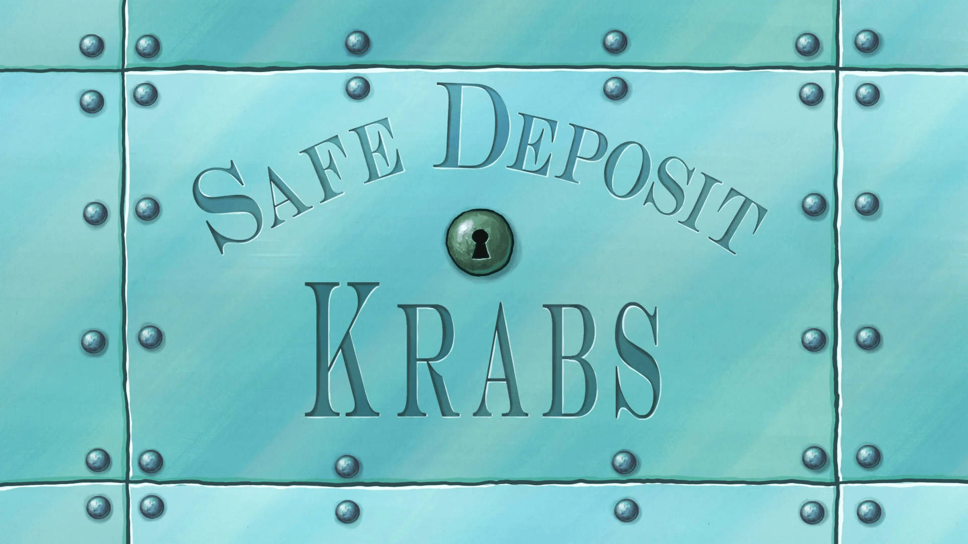 帶有鉚釘和刻有Krabs名字的藍綠色金屬保險箱。