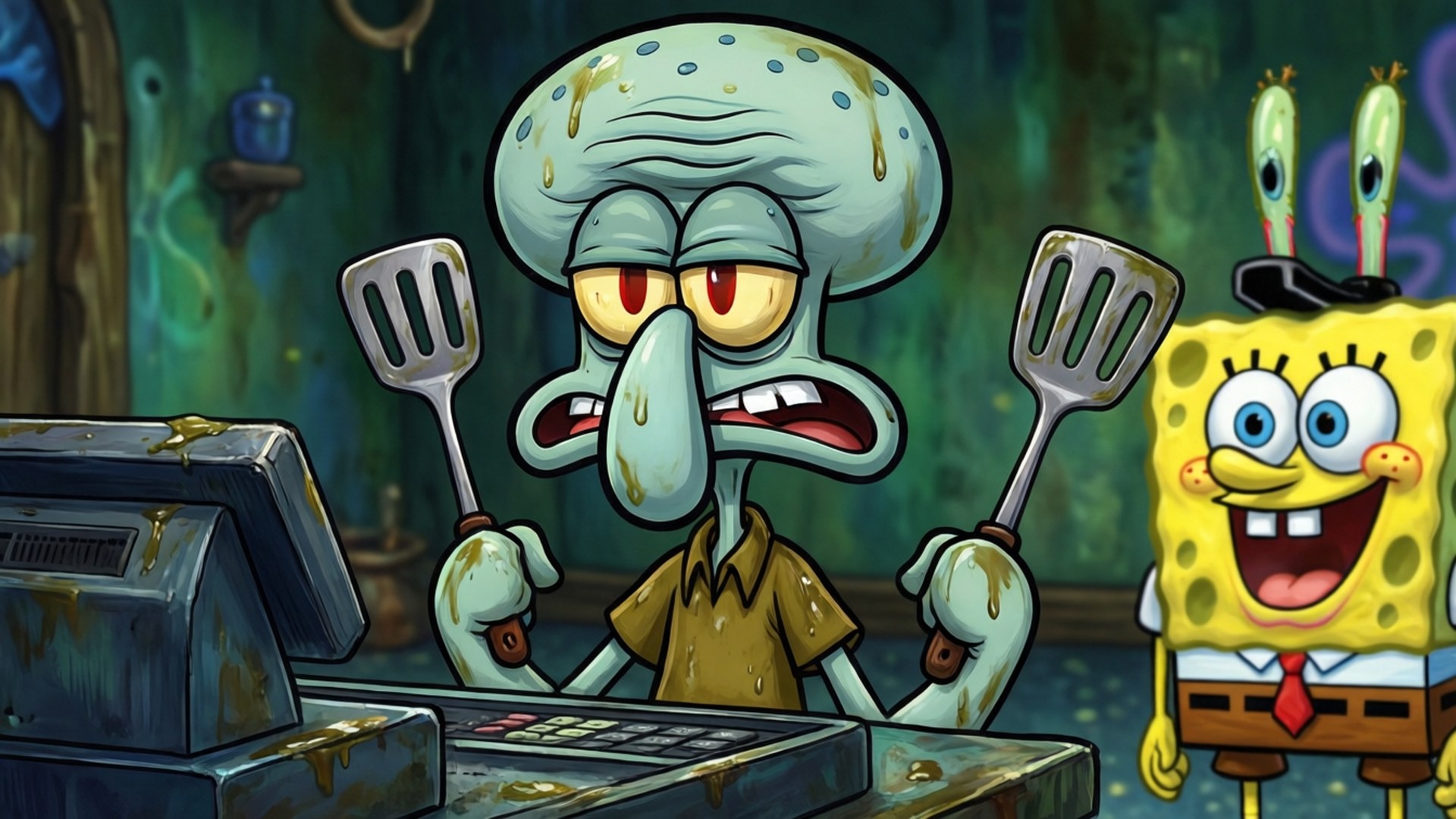 Squidward 嬲嬲咁喺收銀機後面拎住鑊鏟，而SpongeBob喺佢隔籬微笑。
