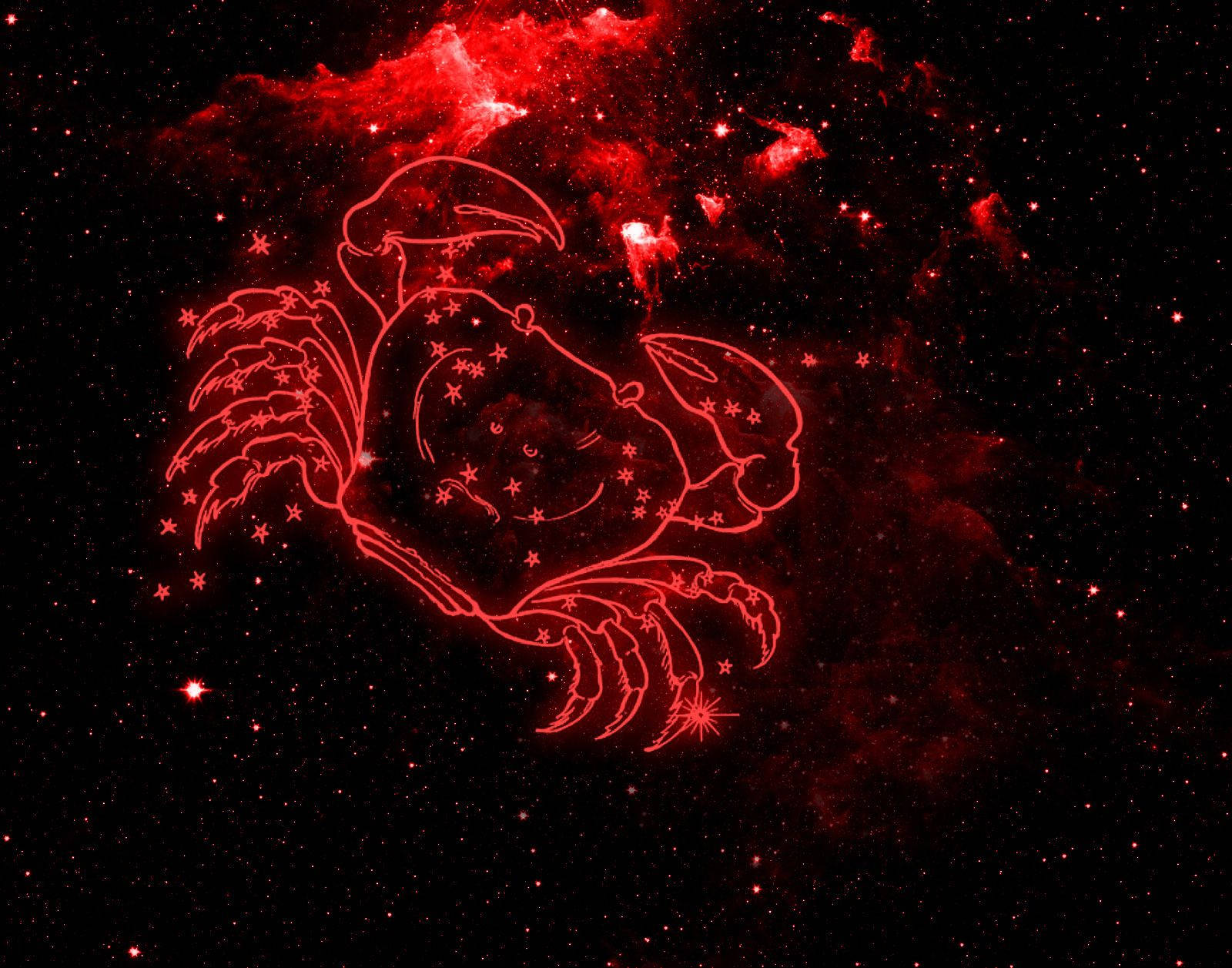 紅色巨蟹座星座，在宇宙星雲中以星星勾勒出輪廓。