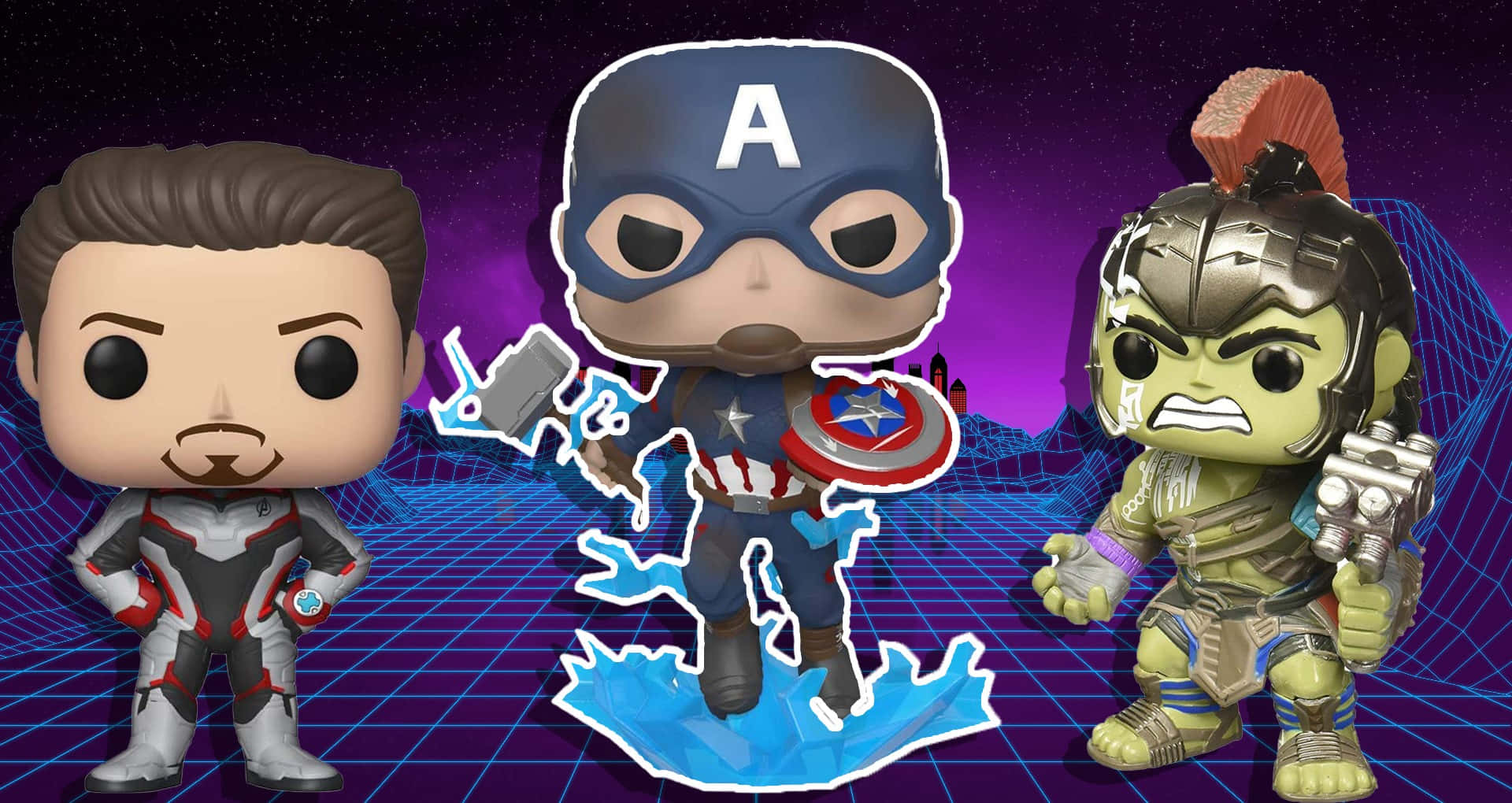 Iron Man Pop Figures 桌布 壁紙 — 蟻俠、美國隊長和變形俠醫的三個Funko Pop人偶站在發光的紫色網格背景前，背景有星星。