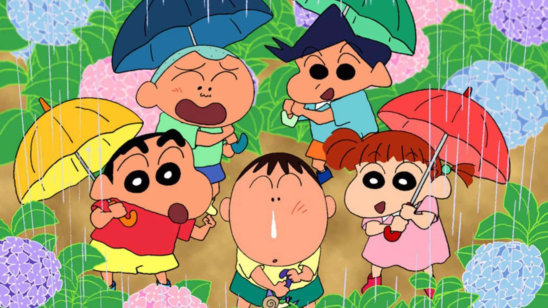 五個動畫小孩在暴風雨中手持雨傘，周圍有紫色和粉紅色的花朵。