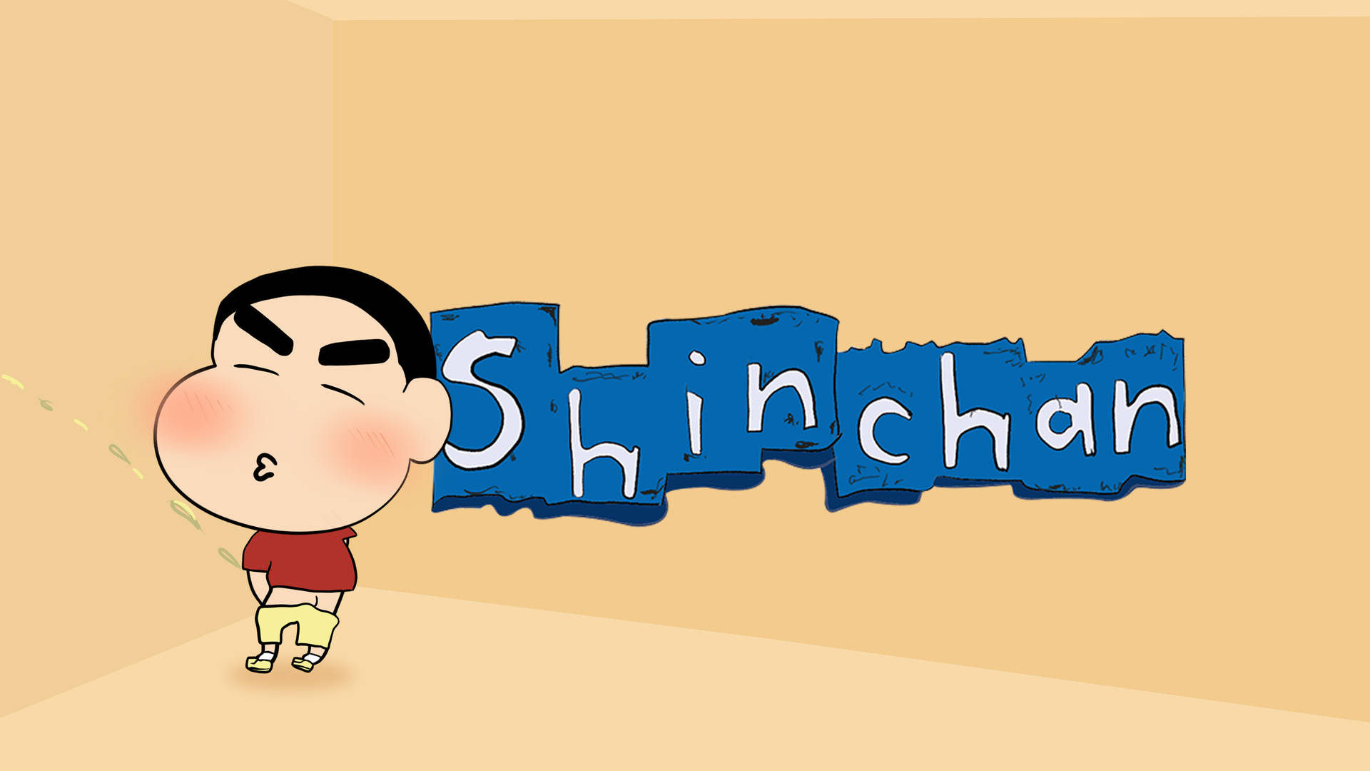 卡通男孩 Shinchan 帶著憤怒的表情站在他的名字標誌旁邊。