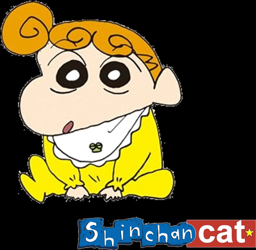 蠟筆小新卡通角色黃色服裝 壁紙 — 一個卡通嬰兒角色，擁有捲曲的橙色頭髮和大眼睛，穿著黃色衣服，坐在黑色背景前。