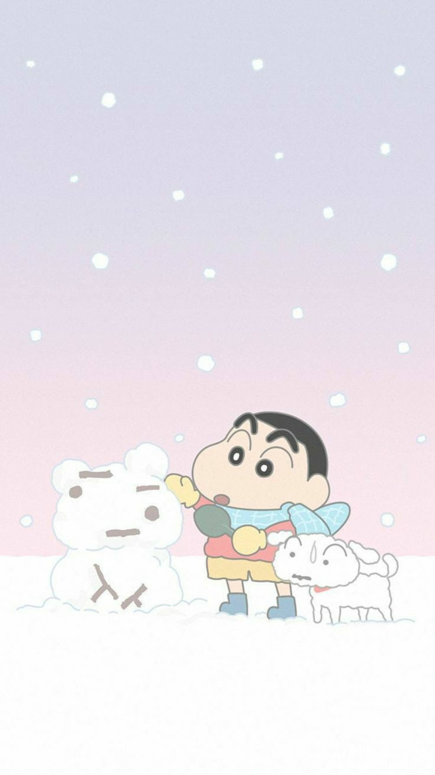 shinchan 桌布 壁紙 — 蠟筆小新和他的狗在粉彩天空下、雪花飄落的雪地裡玩耍。