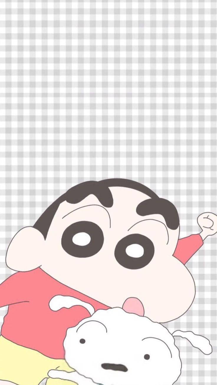 Shin Chan 桌布 壁紙 — 蠟筆小新和他的狗小白在灰色和白色格仔背景中頑皮地探出頭來。