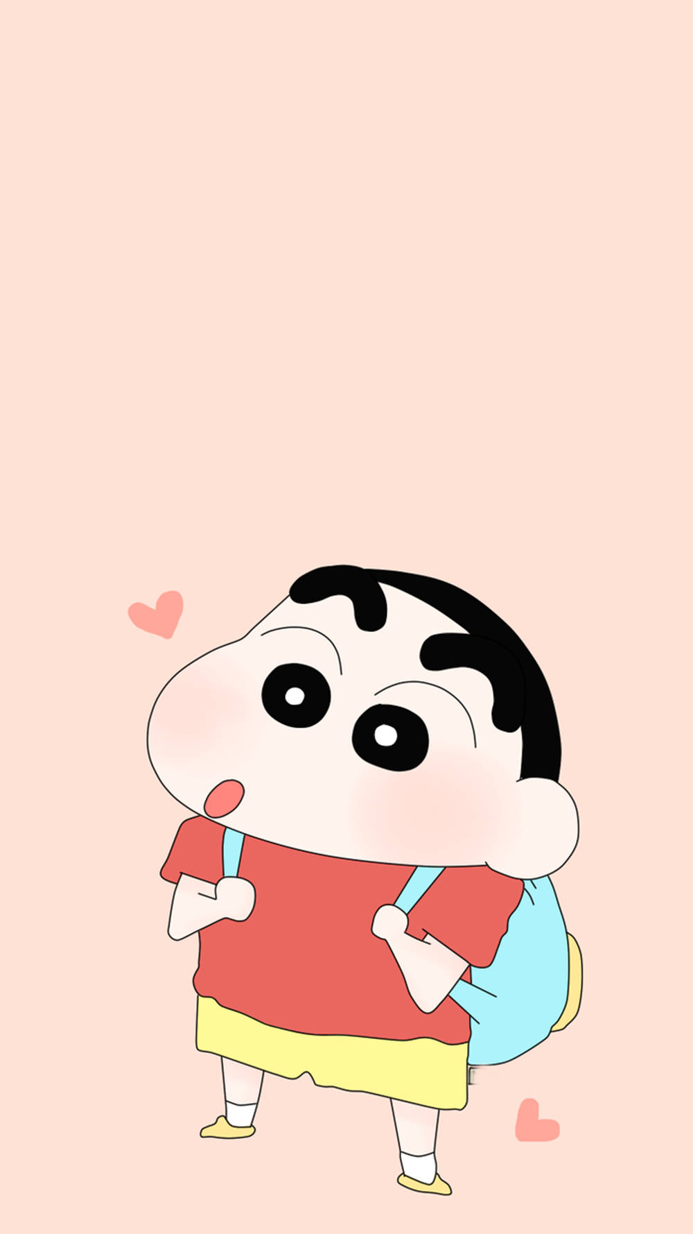 shin chan iPhone 桌布 壁紙 — 蠟筆小新喺柔和粉紅色背景前開心咁企，周圍有漂浮嘅心形。