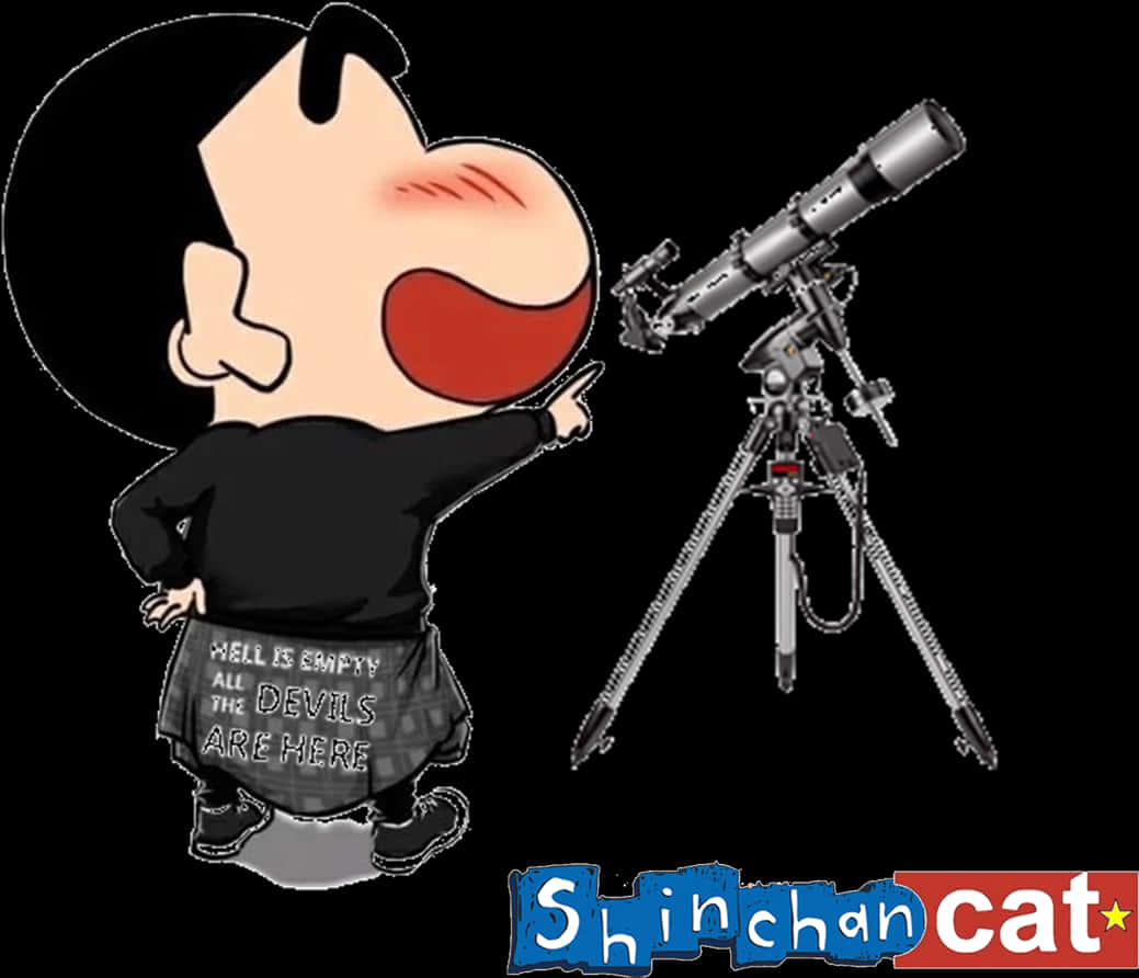 蠟筆小新天文冒險 壁紙 — 一個穿著黑色服裝的卡通男孩興奮地指著黑色背景上的一個大型望遠鏡。