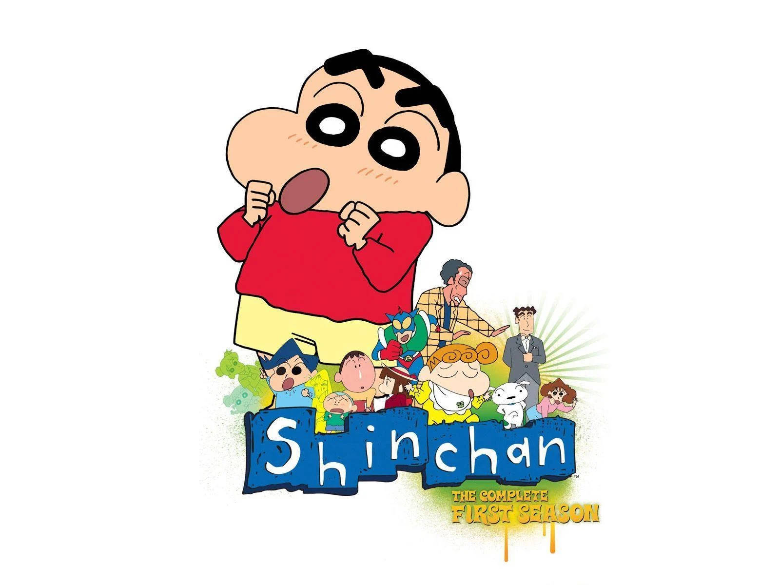 蠟筆小新第一季 壁紙 — 可愛卡通男孩新之助拿著湯匙，被色彩繽紛的家人和朋友包圍在明亮的宣傳海報中。