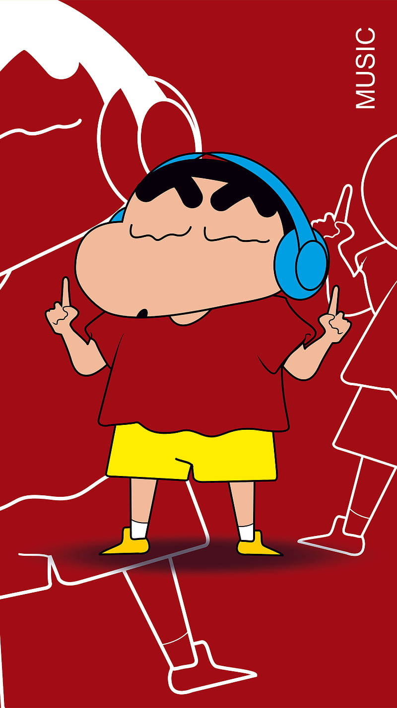 蠟筆小新聽音樂 壁紙 — 一個穿著紅色襯衫和黃色短褲的卡通男孩，戴著藍色耳機，在帶有白色山脈輪廓的醒目紅色背景上跳舞。