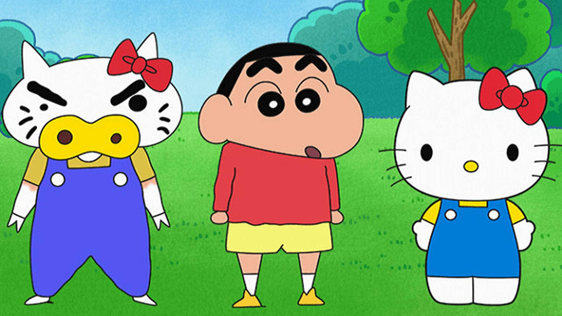 蠟筆小新與Hello Kitty 壁紙 — 三個卡通角色站在草地上，藍天白雲，背後有樹木。