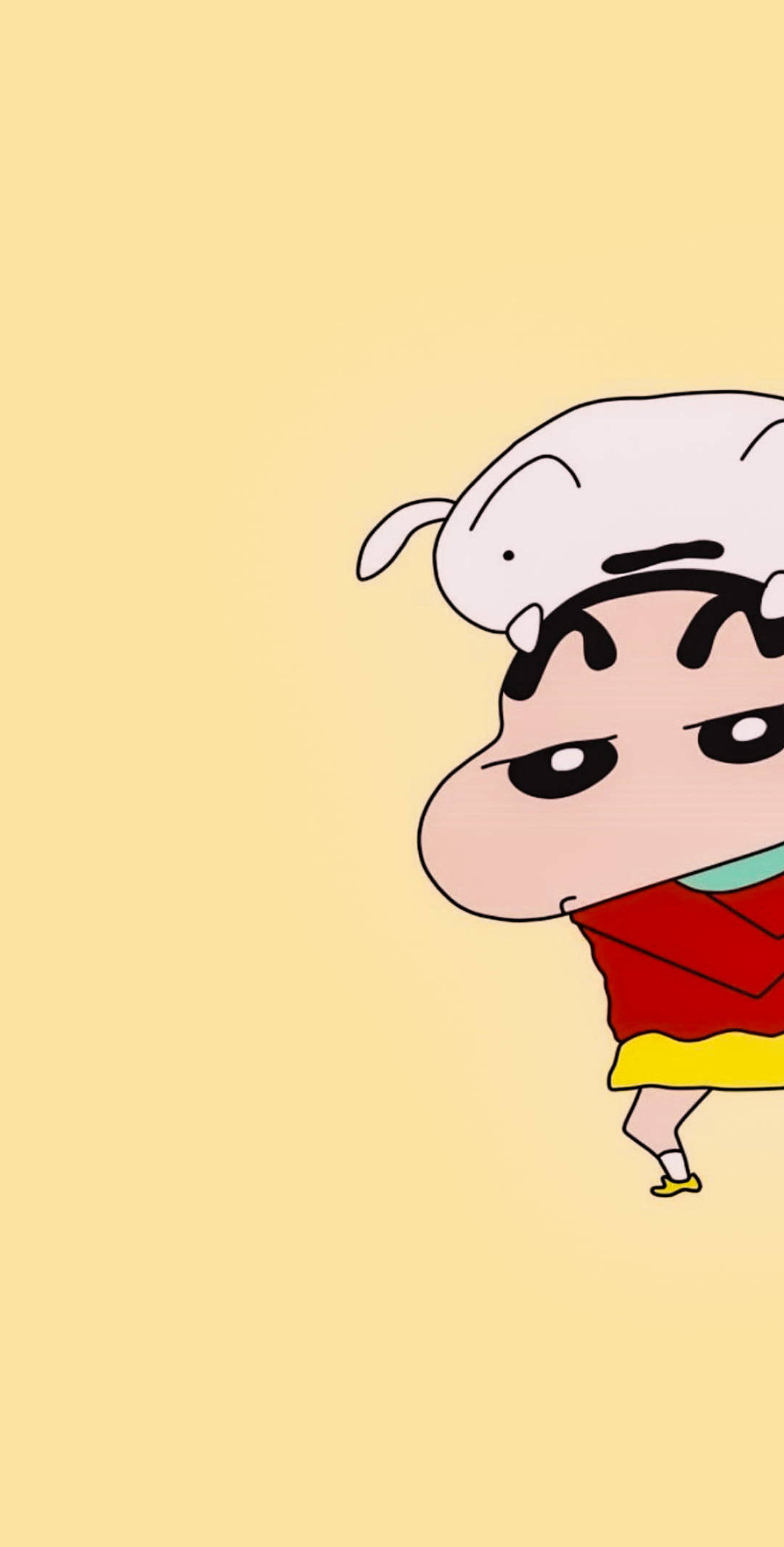 shinchan 桌布 壁紙 — 蠟筆小新與他的狗坐在頭頂上，背景為純淡黃色。
