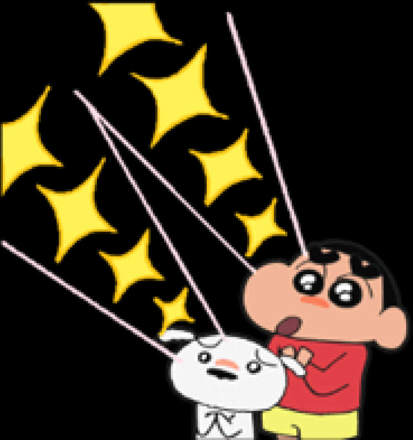 蠟筆小新與小白卡通閃光 壁紙 — 蠟筆小新和他的狗在黑色背景前用釣竿捕捉發光的黃色星星。