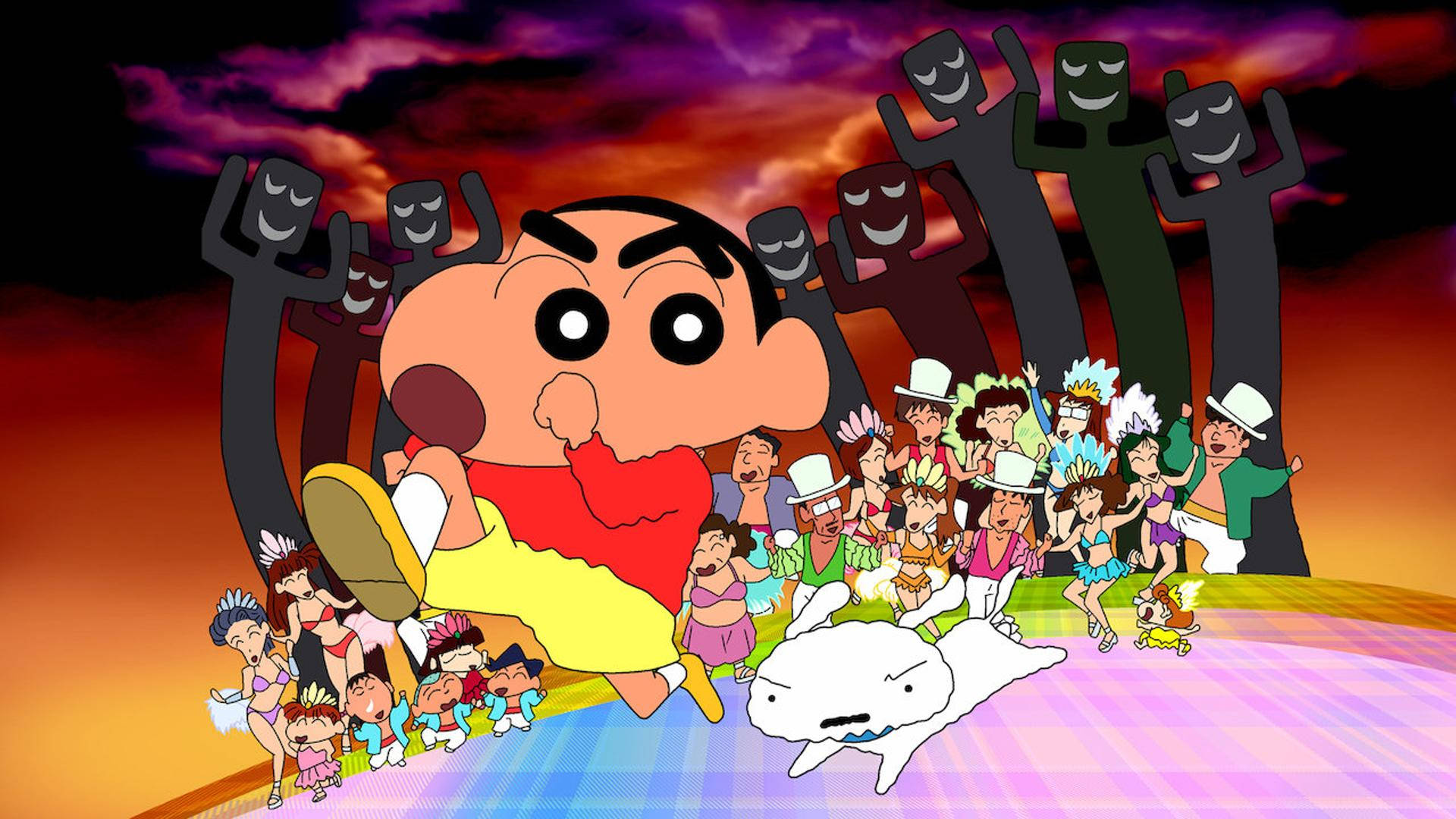 蠟筆小新與怪物陰影 壁紙 — Crayon Shin-chan 喺熾熱嘅日落天空下，同跳舞嘅角色同微笑嘅樹木人物一齊，喺充滿活力嘅動畫場景中快樂咁跳躍。