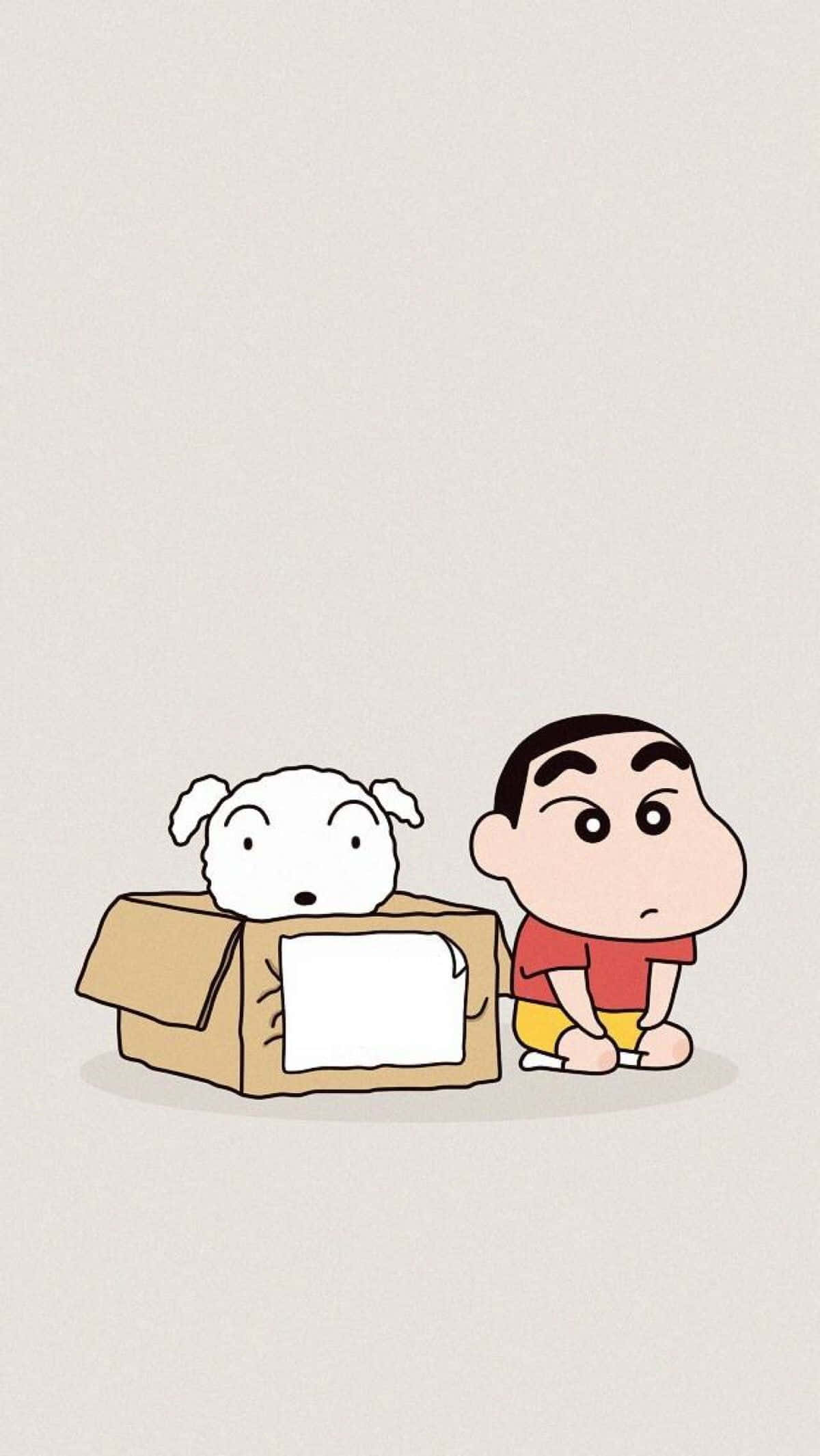 Cute Cartoon Characters 桌布 壁紙 — 蠟筆小新跪在一個紙箱旁邊，他的白色小狗小白睜大眼睛探出頭來。