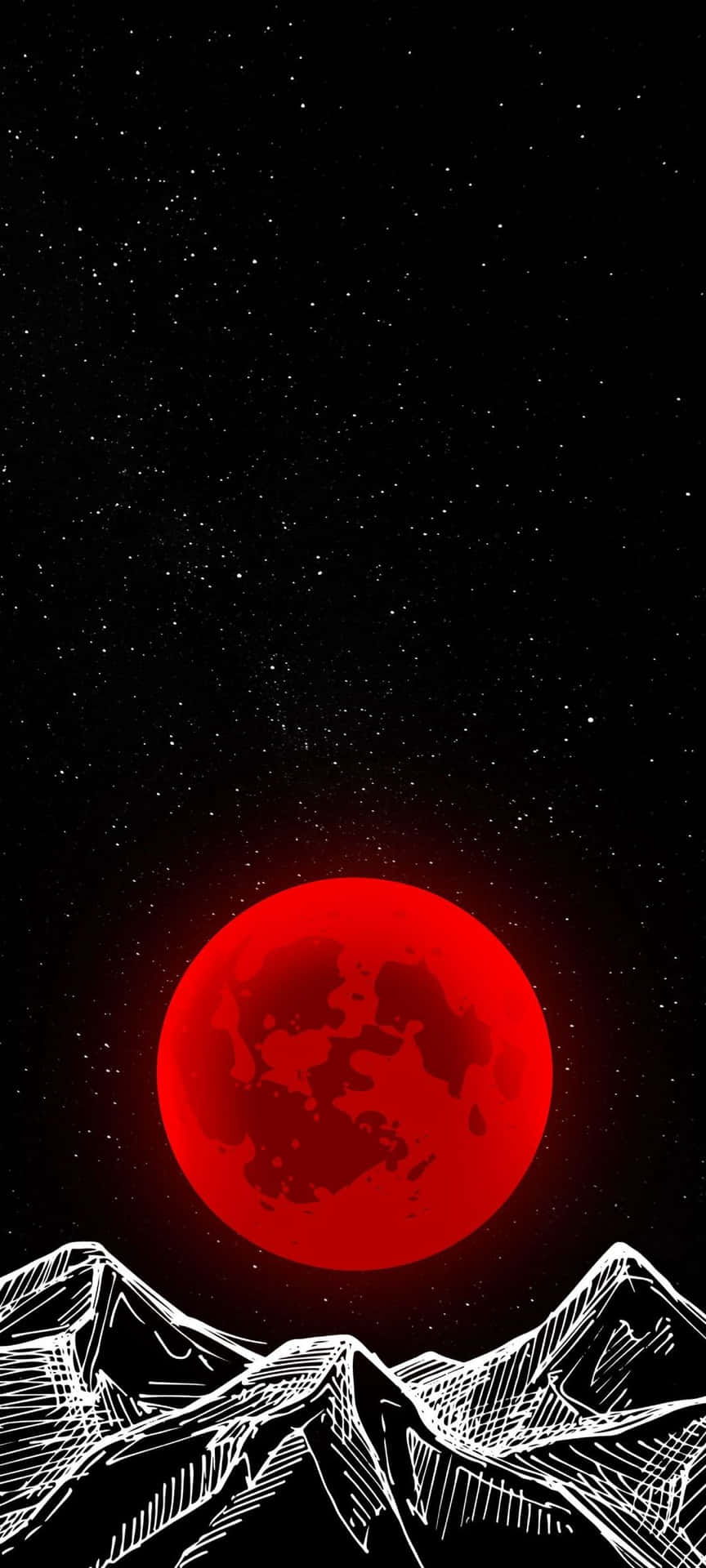 血紅色的月亮在繁星點點的夜空下，從山頂升起。