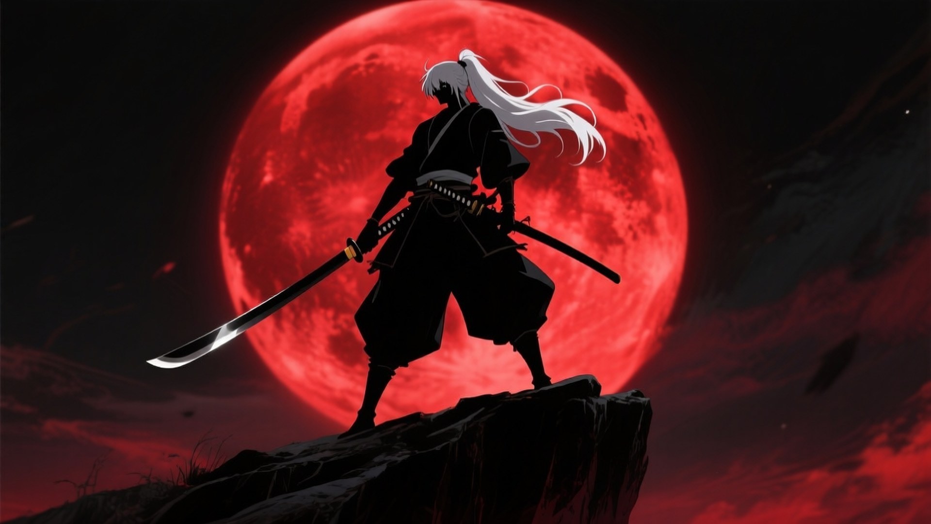 白髮武士站在懸崖上，在紅月下手持兩把劍